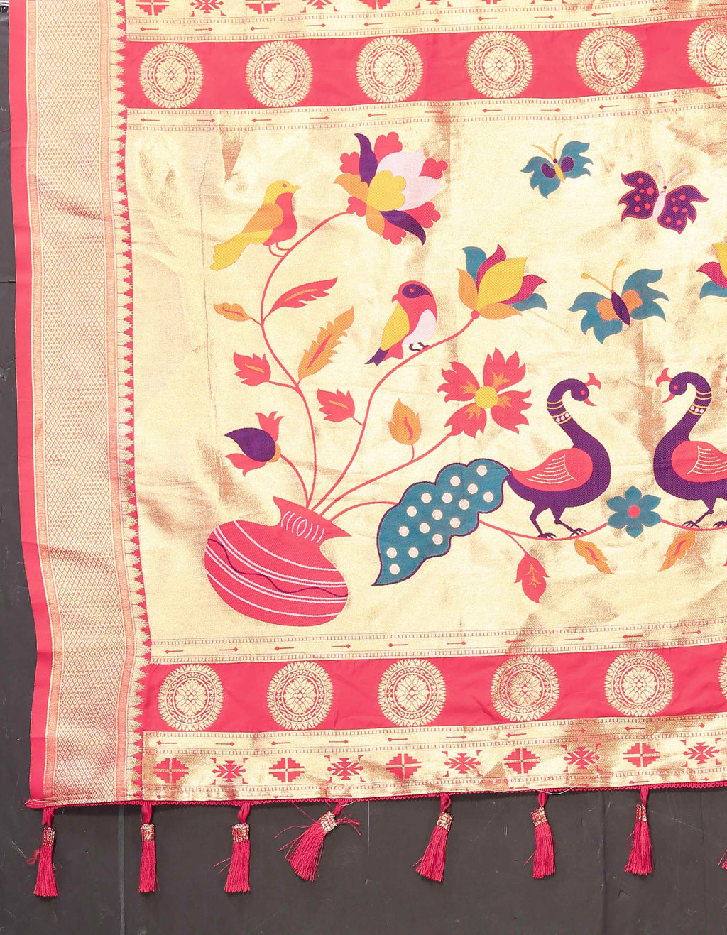 Gajri Soft Paithani Silk Saree with Zari Motifs, Meenakari Pallu & Contrast Blouse