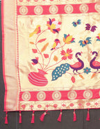 Gajri Soft Paithani Silk Saree with Zari Motifs, Meenakari Pallu & Contrast Blouse