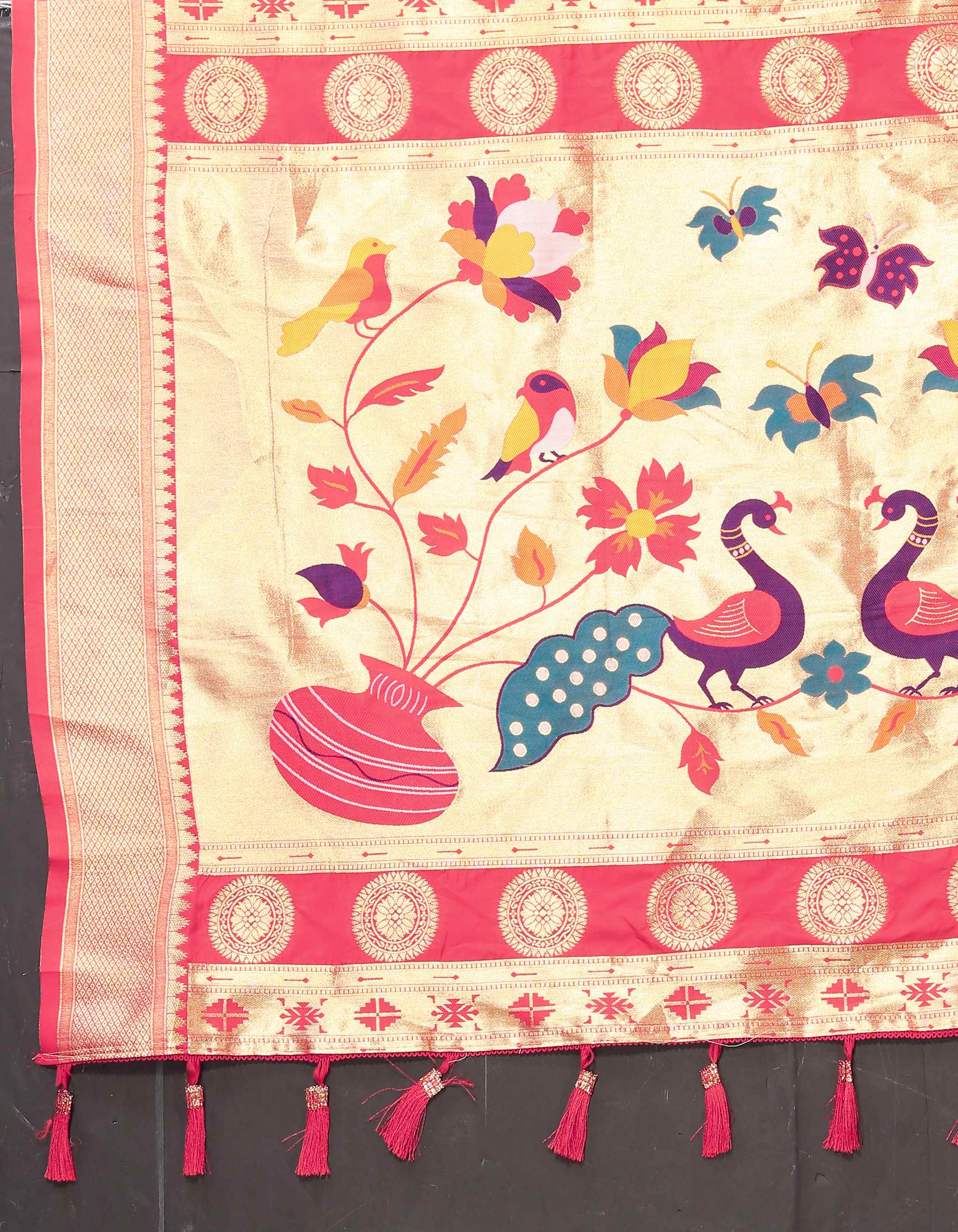 Gajri Soft Paithani Silk Saree with Zari Motifs, Meenakari Pallu & Contrast Blouse