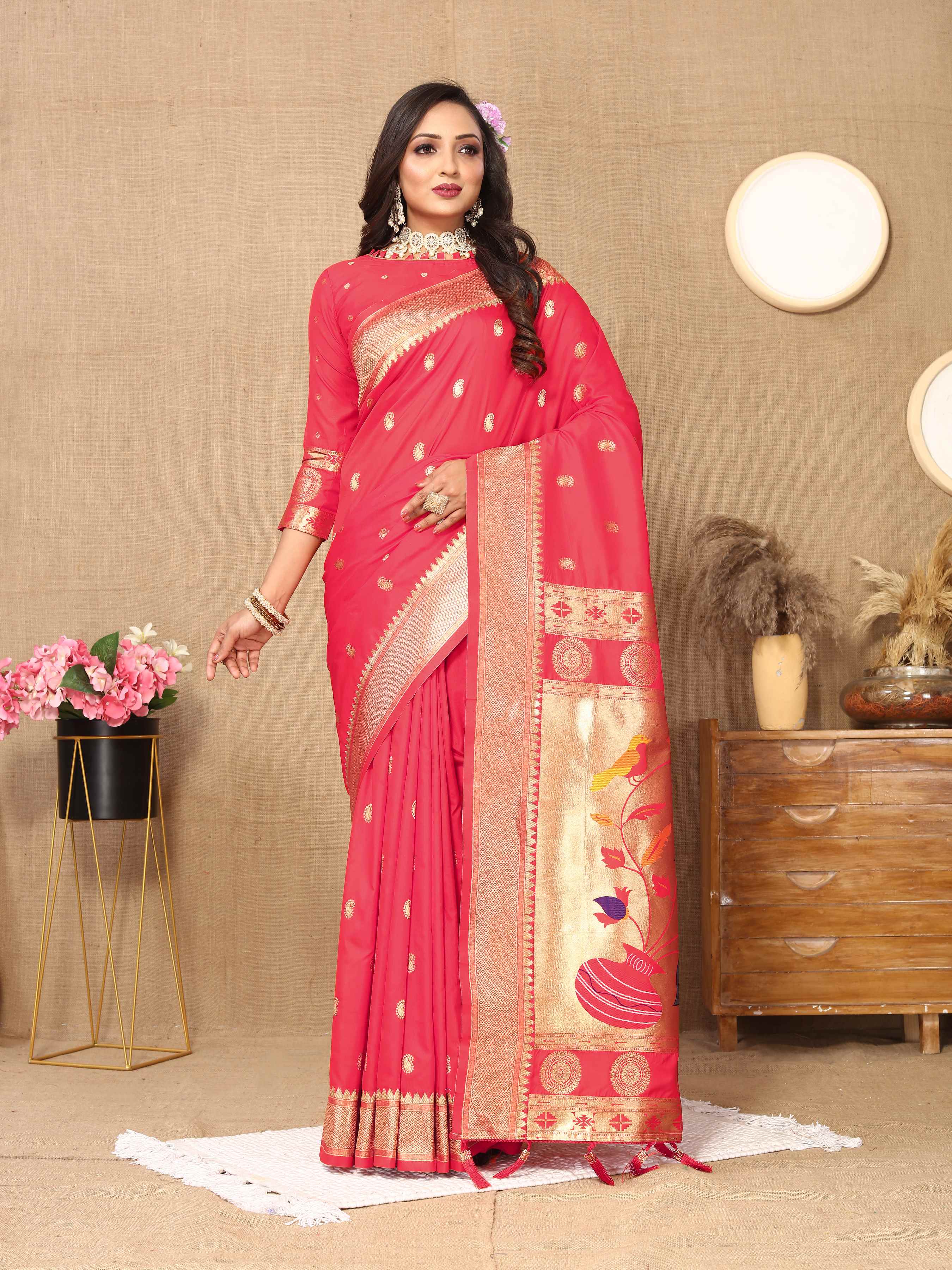 Gajri Soft Paithani Silk Saree with Zari Motifs, Meenakari Pallu & Contrast Blouse