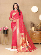 Gajri Soft Paithani Silk Saree with Zari Motifs, Meenakari Pallu & Contrast Blouse