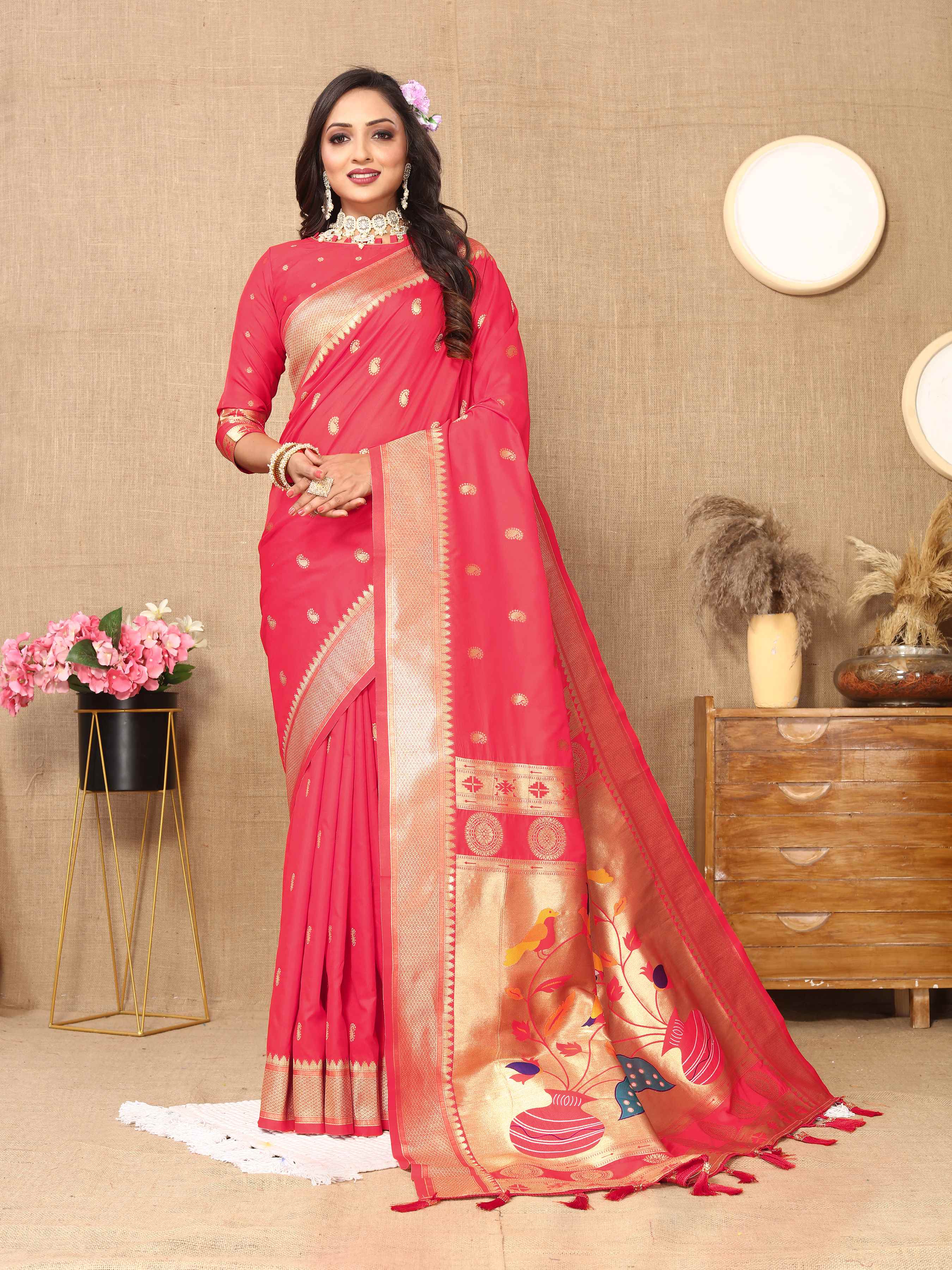 Gajri Soft Paithani Silk Saree with Zari Motifs, Meenakari Pallu & Contrast Blouse