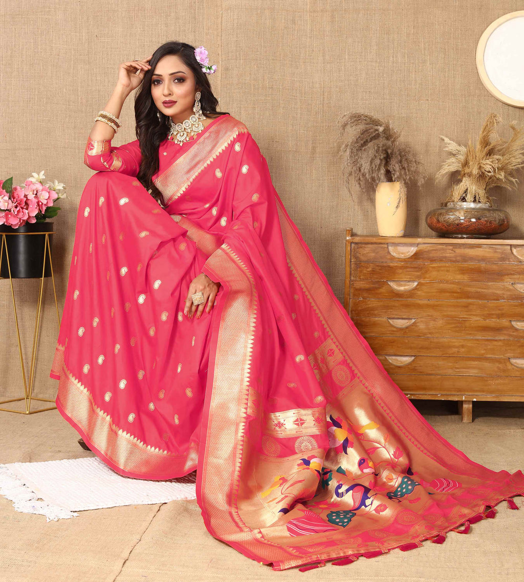 Gajri Soft Paithani Silk Saree with Zari Motifs, Meenakari Pallu & Contrast Blouse