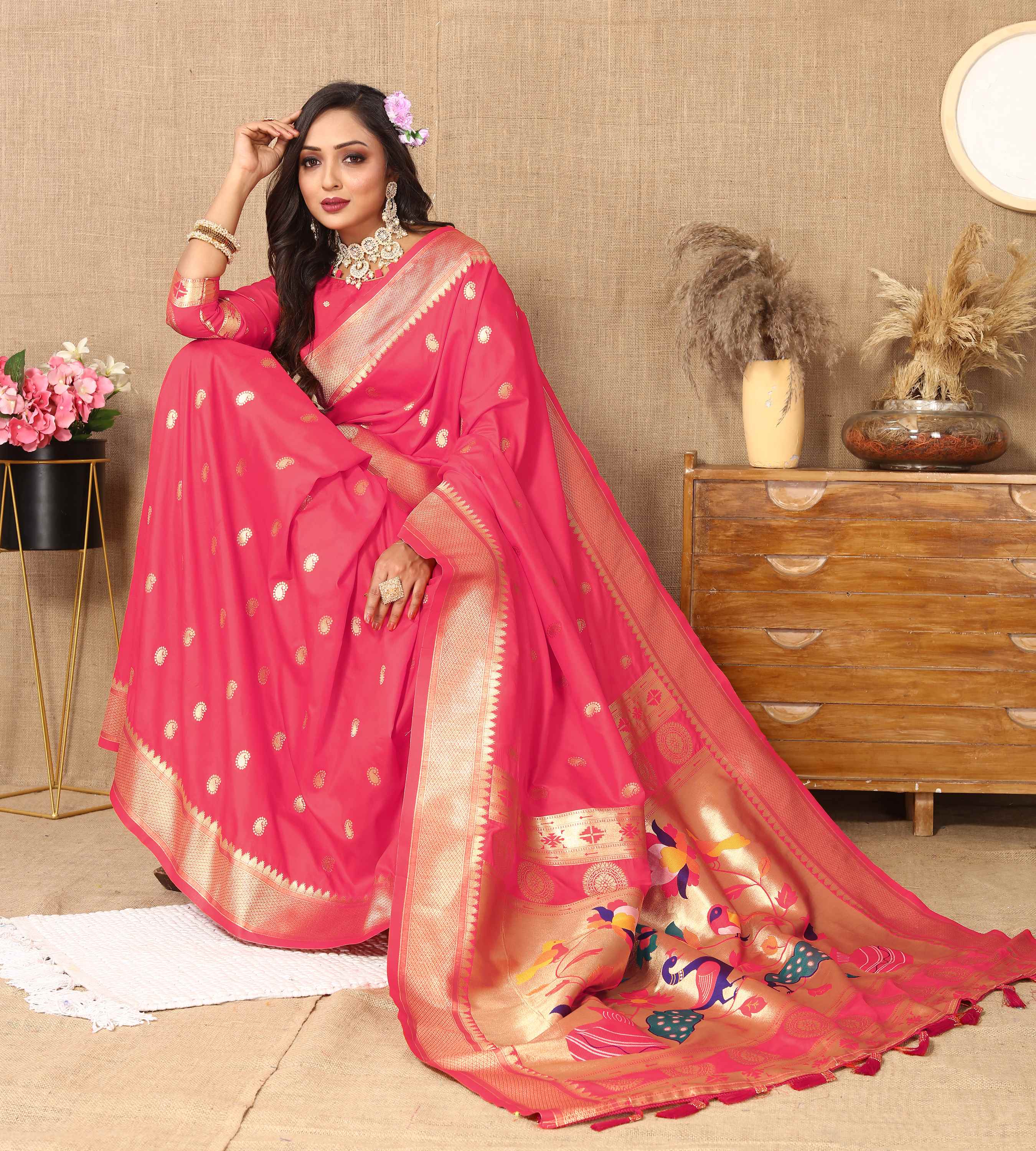 Gajri Soft Paithani Silk Saree with Zari Motifs, Meenakari Pallu & Contrast Blouse