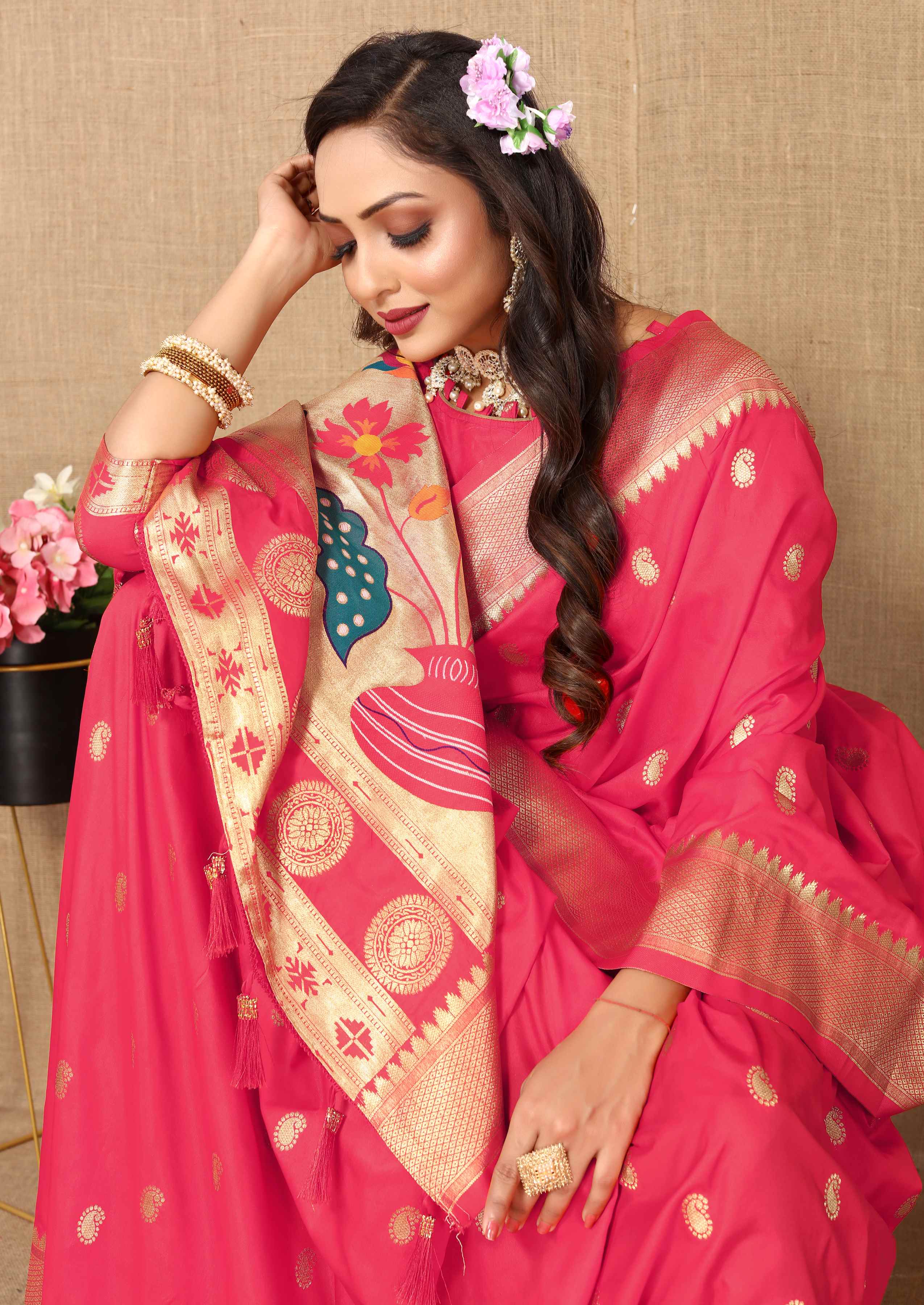 Gajri Soft Paithani Silk Saree with Zari Motifs, Meenakari Pallu & Contrast Blouse