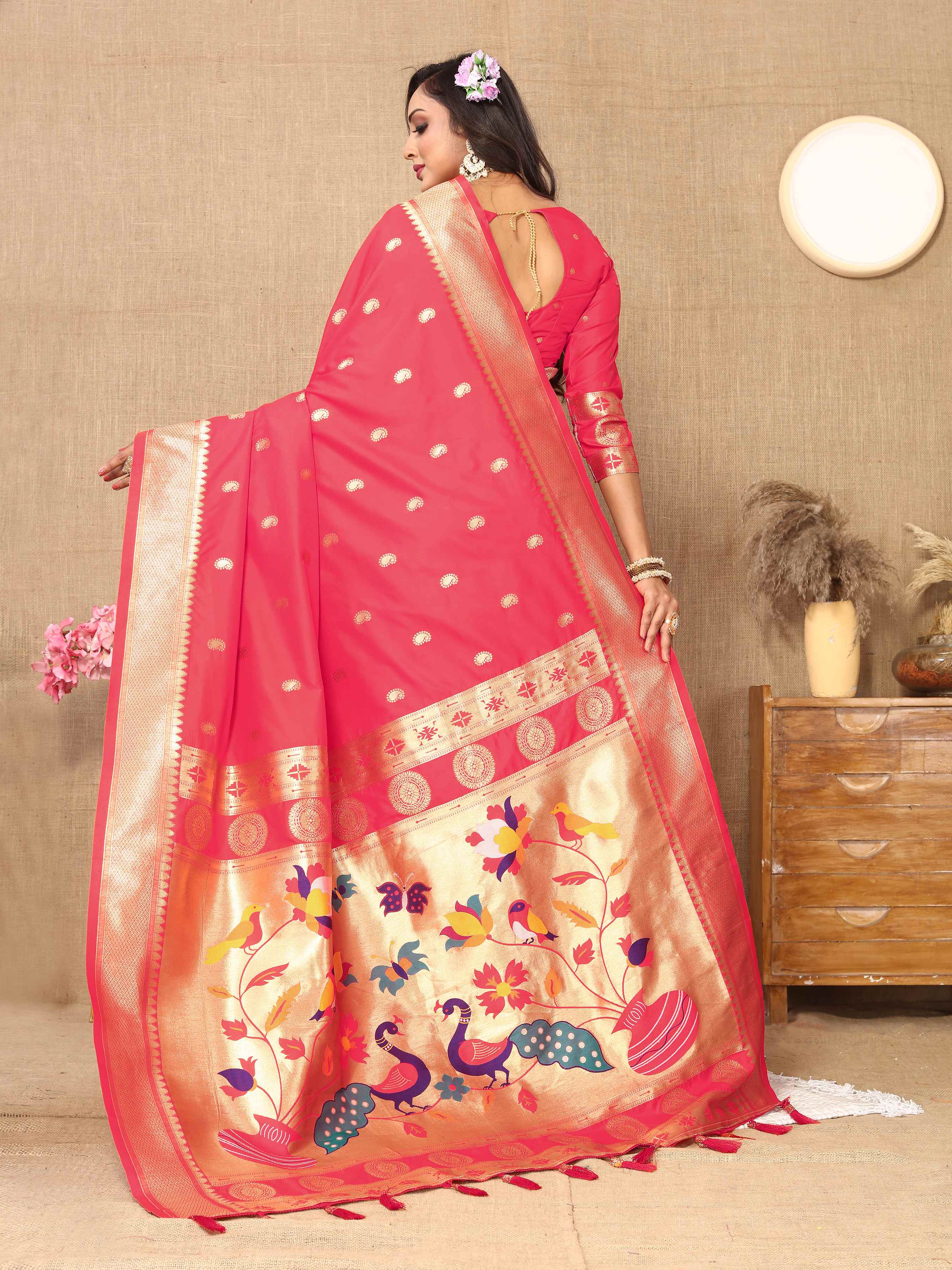 Gajri Soft Paithani Silk Saree with Zari Motifs, Meenakari Pallu & Contrast Blouse