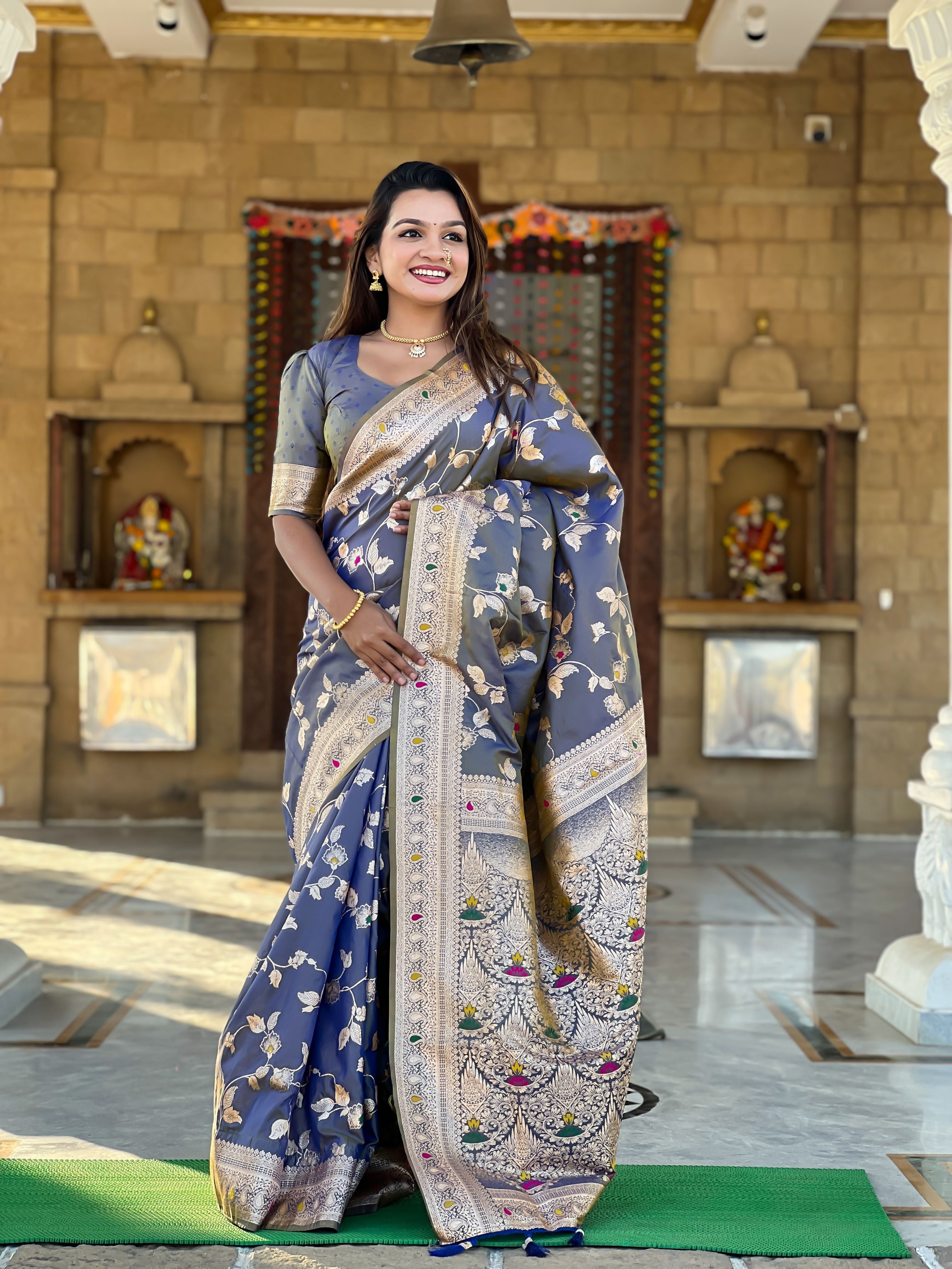 Grey Varni Fabrics Women's Traditional Banarasi Silk Saree with Woven Design & Blouse