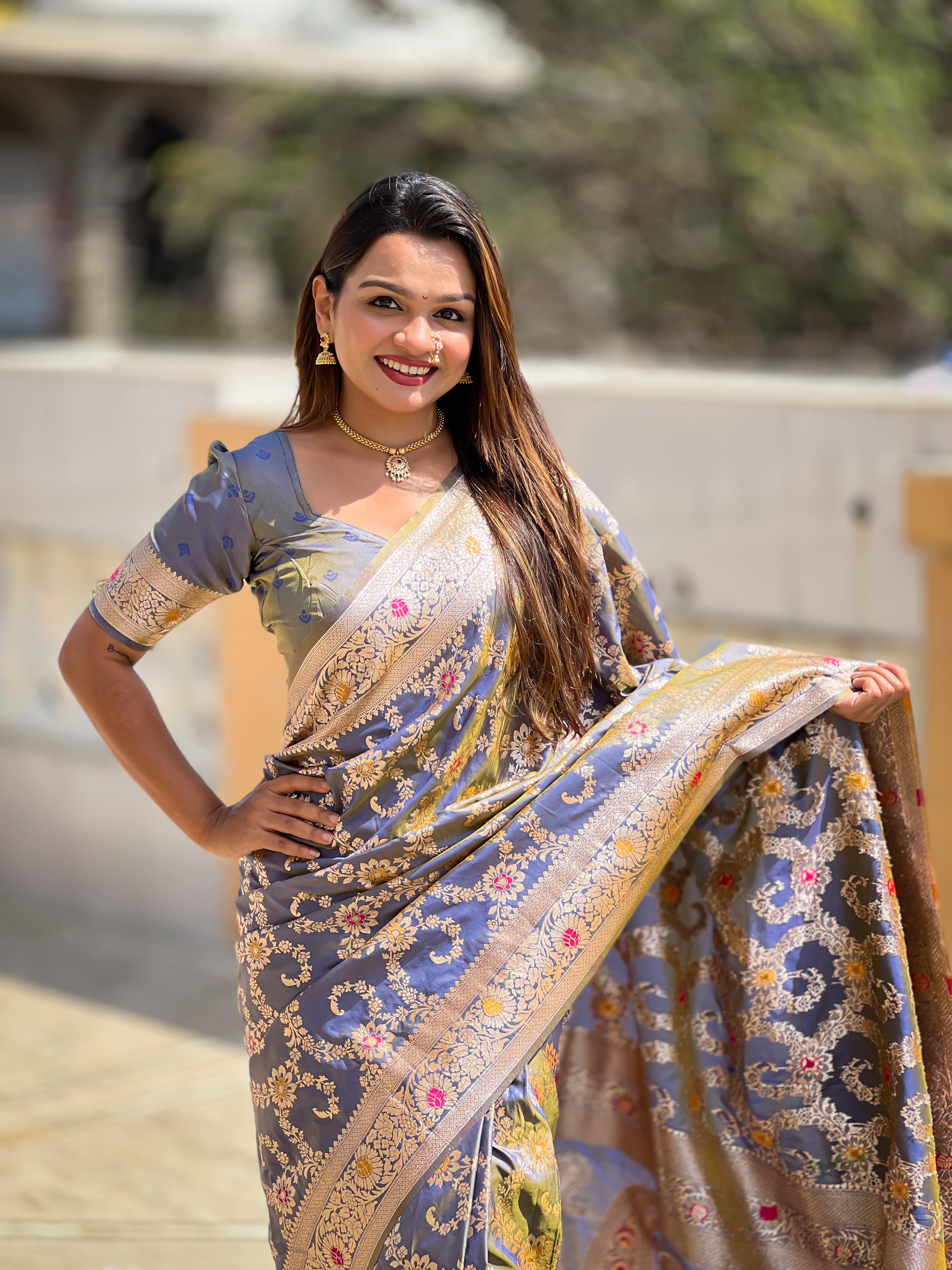 Grey Varni Fabrics Women Geometric Banarasi Silk Tassels and Latkans Saree comes With Matching Blouse