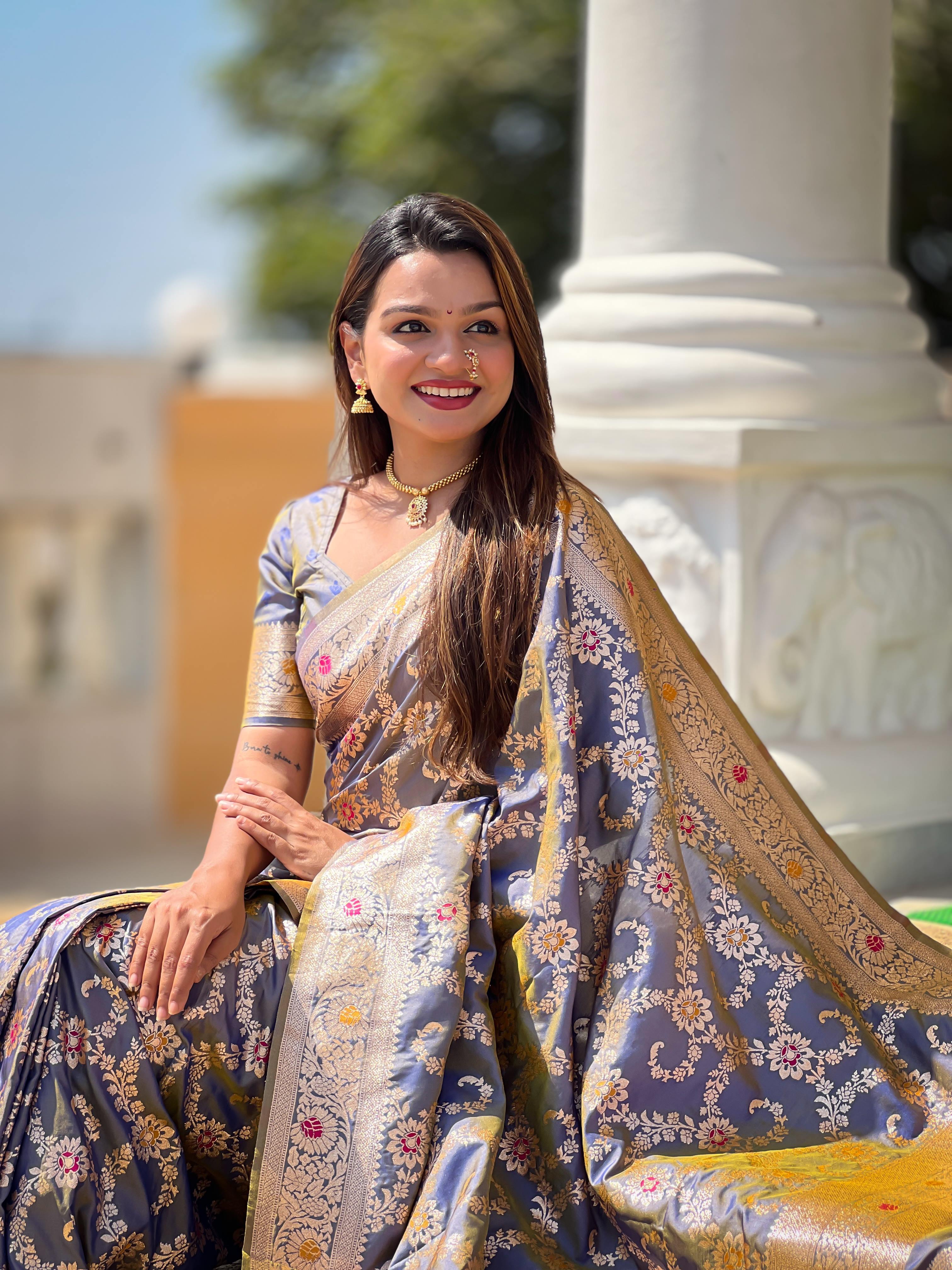 Grey Varni Fabrics Women Geometric Banarasi Silk Tassels and Latkans Saree comes With Matching Blouse