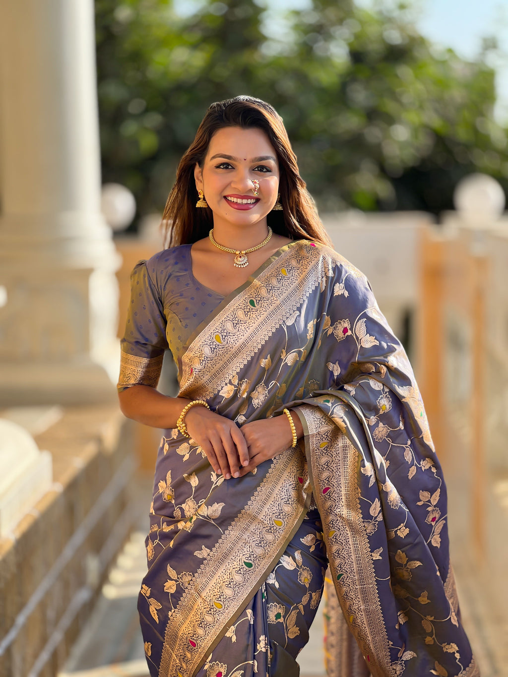 Grey Varni Fabrics Women's Traditional Banarasi Silk Saree with Woven Design & Blouse
