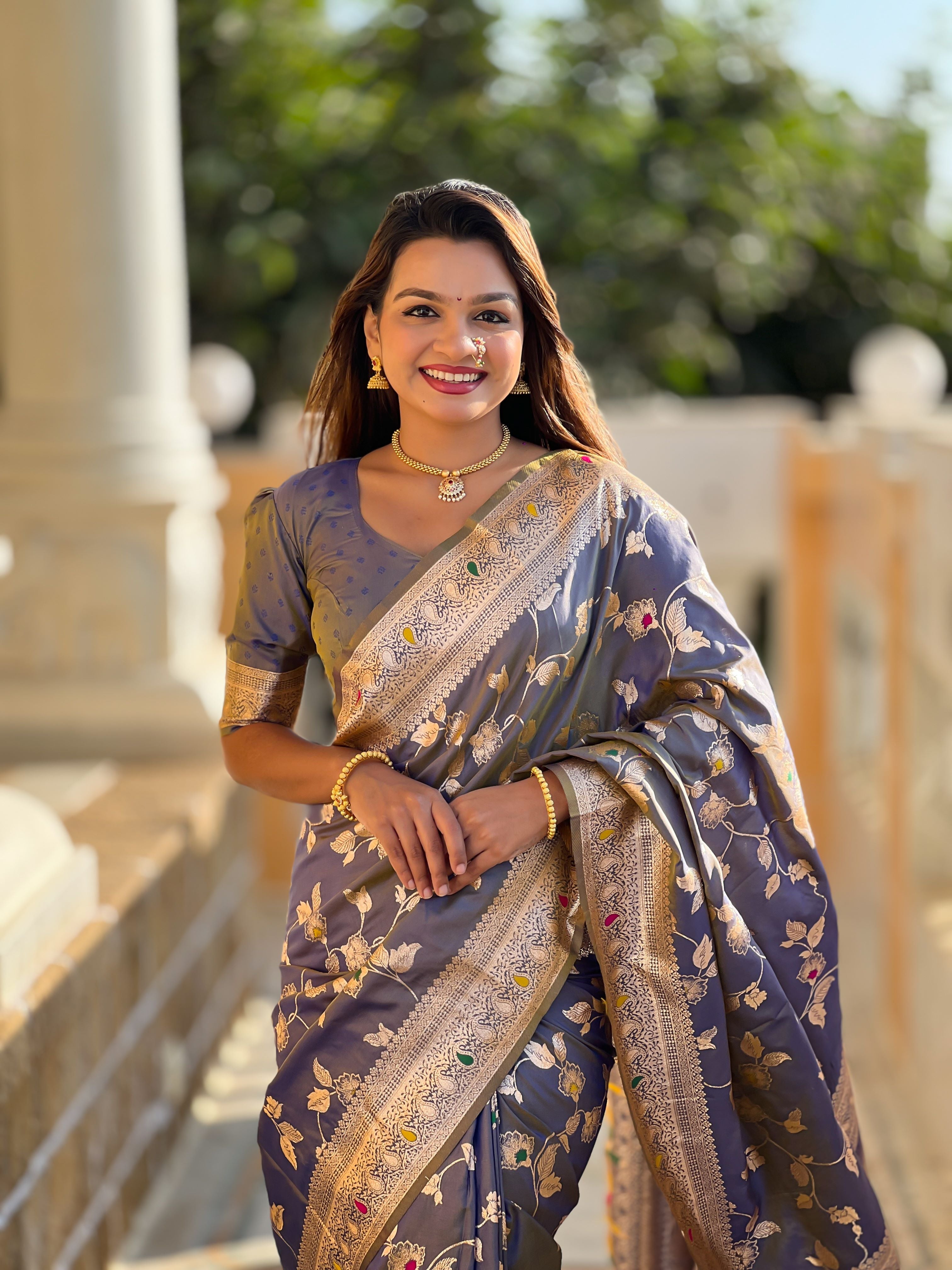 Grey Varni Fabrics Women's Traditional Banarasi Silk Saree with Woven Design & Blouse