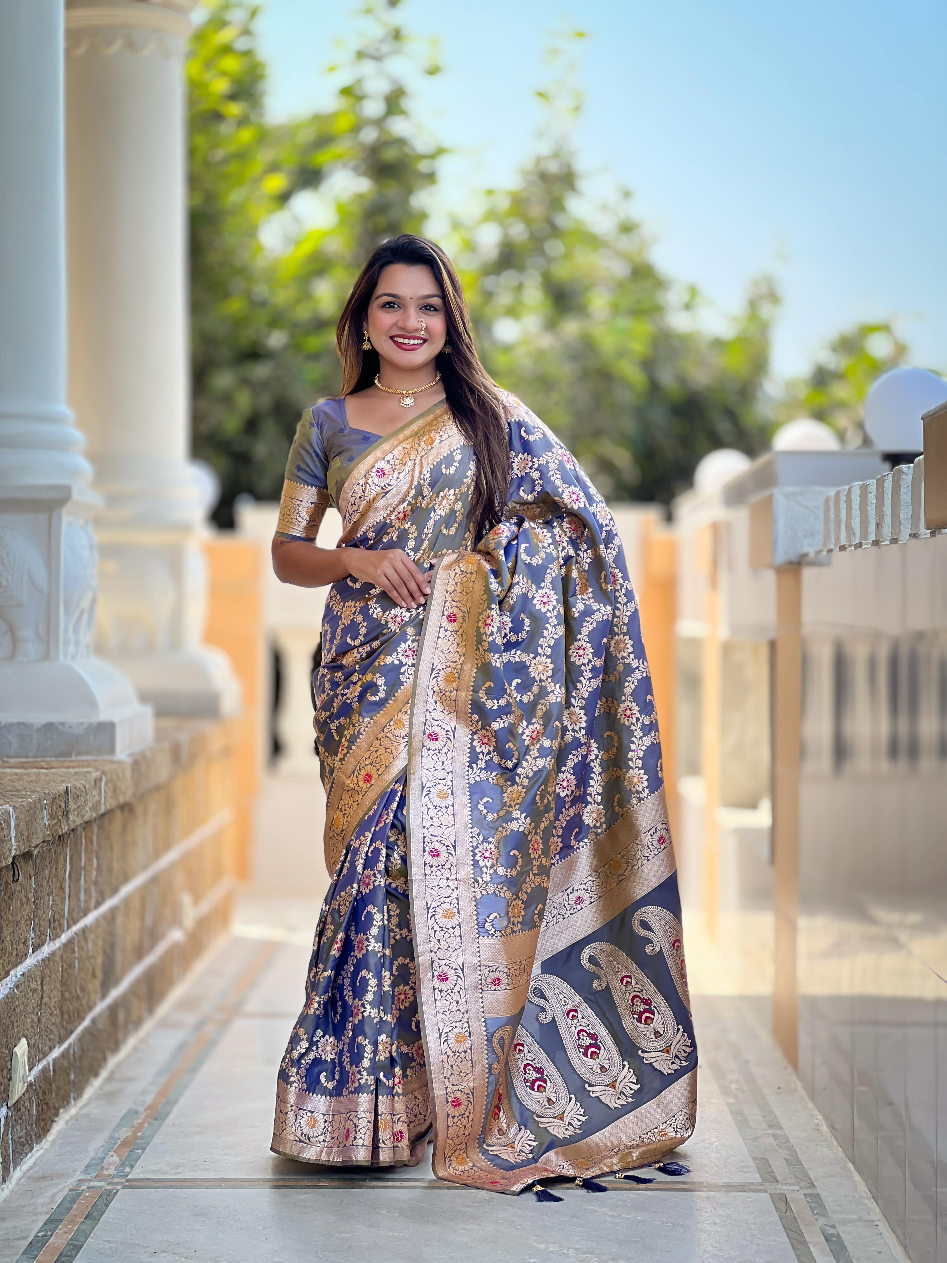 Grey Varni Fabrics Women Geometric Banarasi Silk Tassels and Latkans Saree comes With Matching Blouse