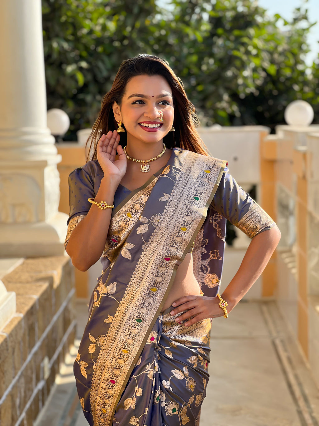 Grey Varni Fabrics Women's Traditional Banarasi Silk Saree with Woven Design & Blouse