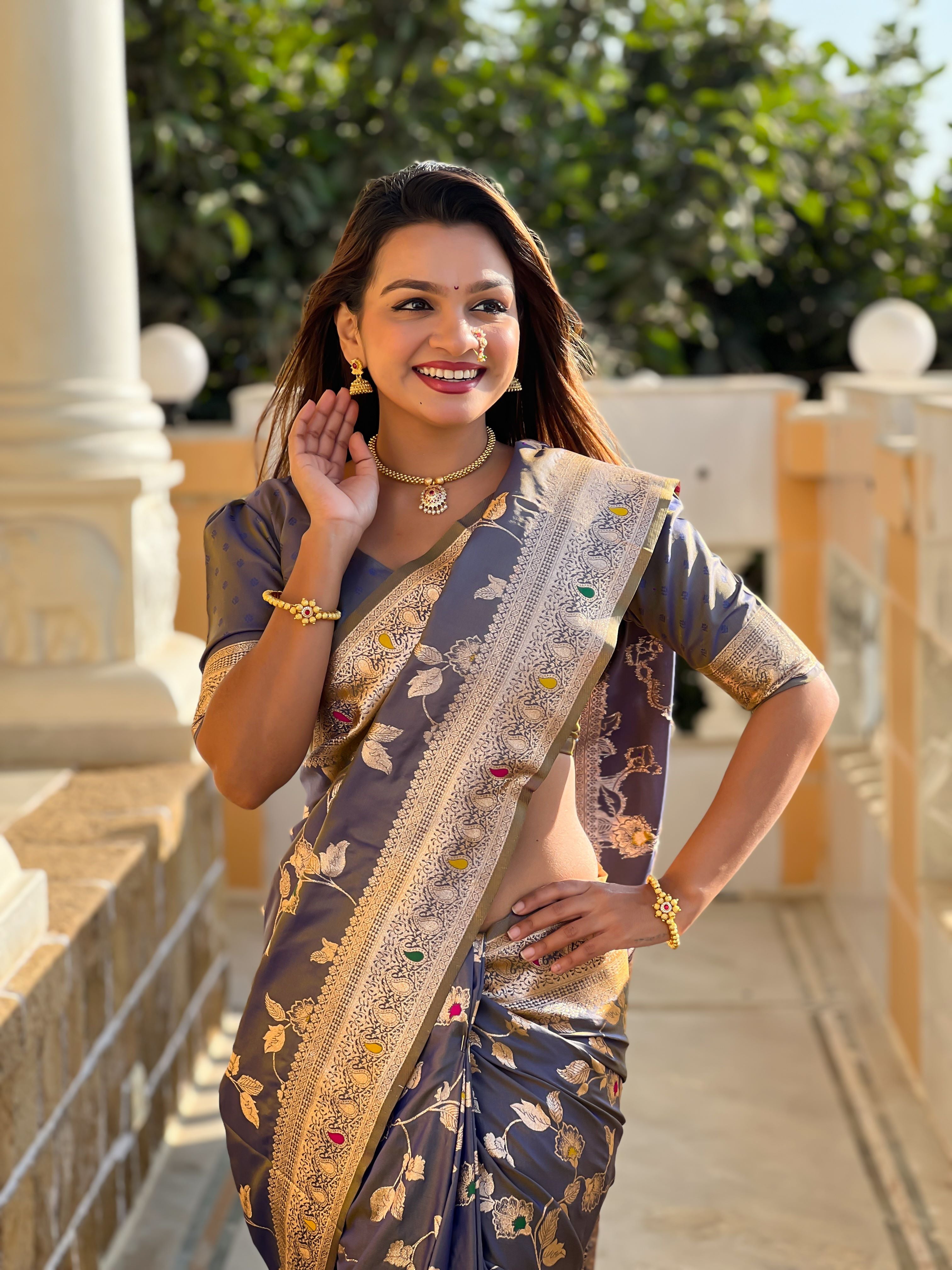Grey Varni Fabrics Women's Traditional Banarasi Silk Saree with Woven Design & Blouse
