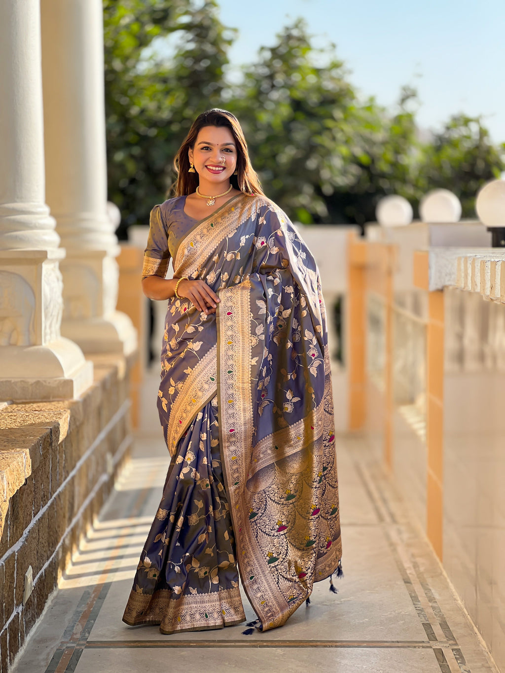 Grey Varni Fabrics Women's Traditional Banarasi Silk Saree with Woven Design & Blouse