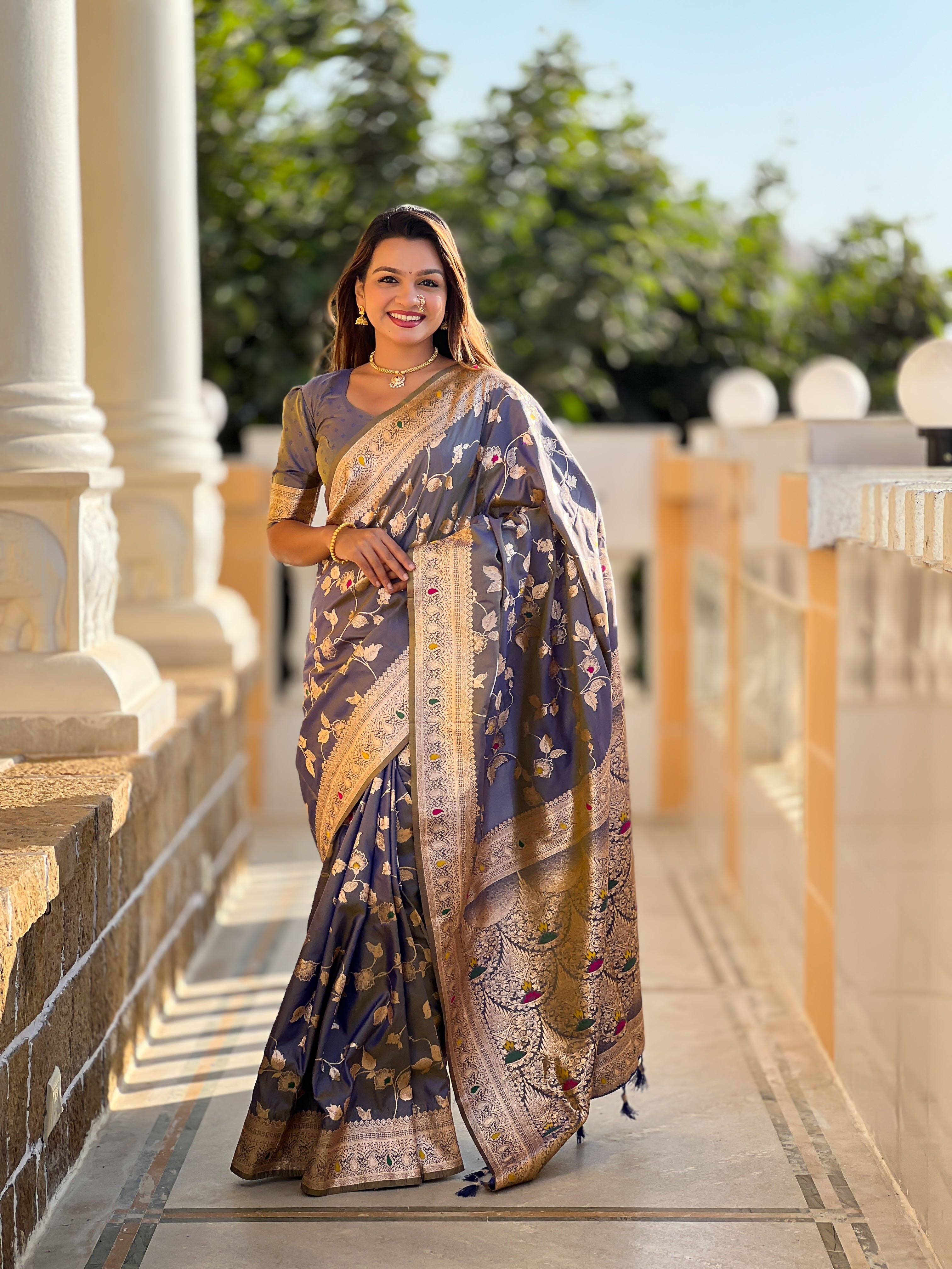 Grey Varni Fabrics Women's Traditional Banarasi Silk Saree with Woven Design & Blouse