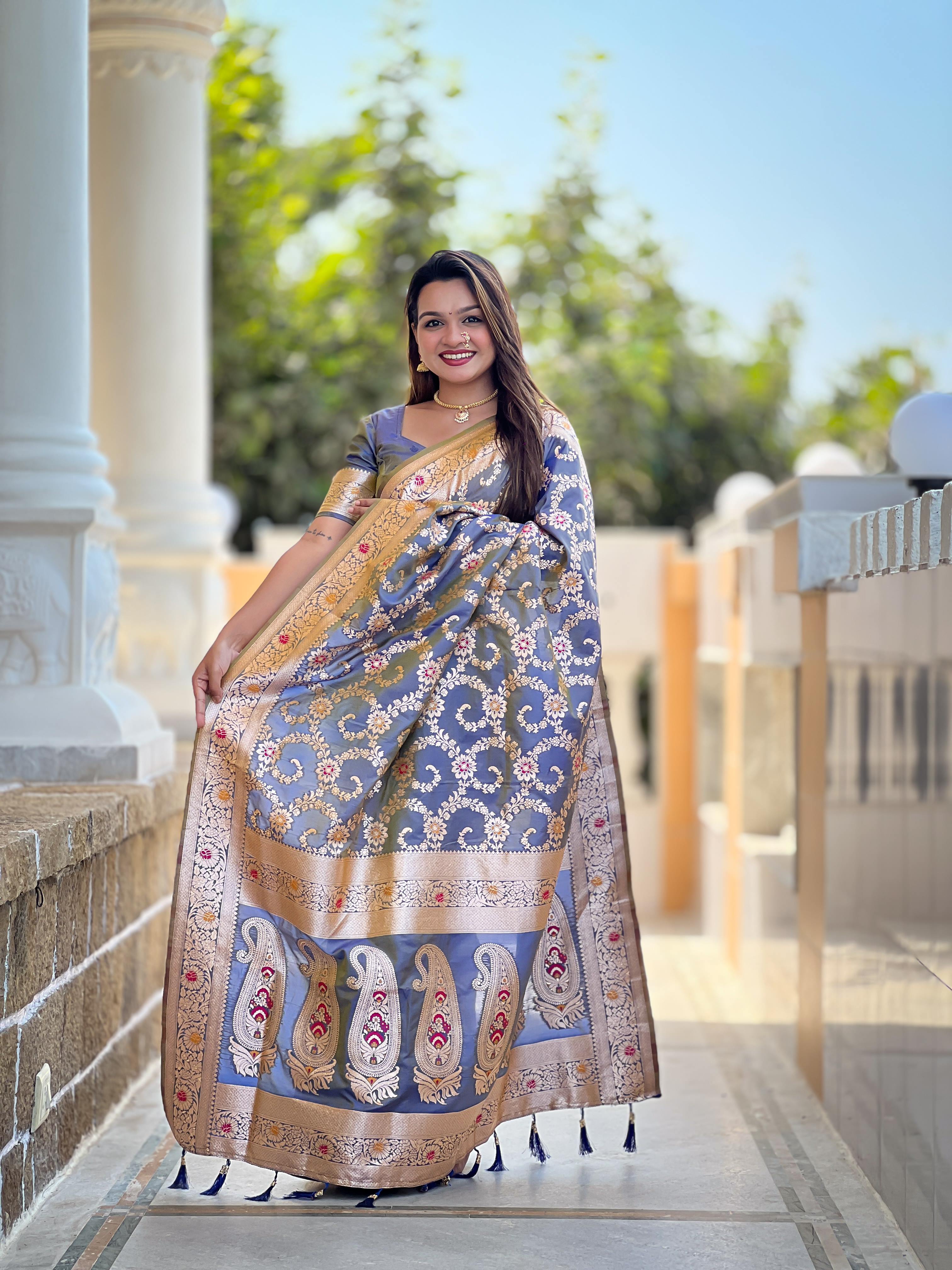 Grey Varni Fabrics Women Geometric Banarasi Silk Tassels and Latkans Saree comes With Matching Blouse