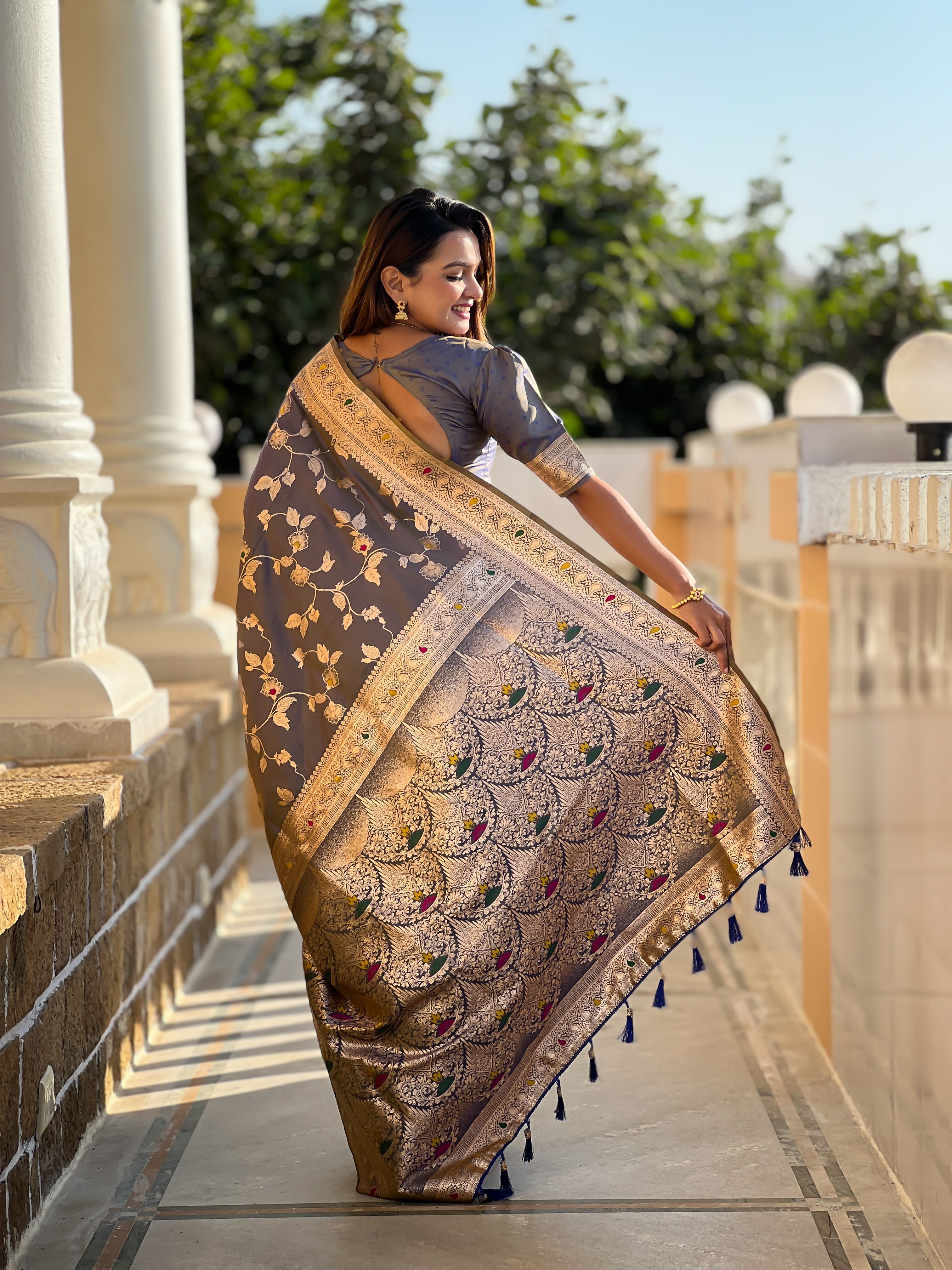Grey Varni Fabrics Women's Traditional Banarasi Silk Saree with Woven Design & Blouse