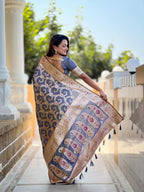 Grey Varni Fabrics Women Geometric Banarasi Silk Tassels and Latkans Saree comes With Matching Blouse