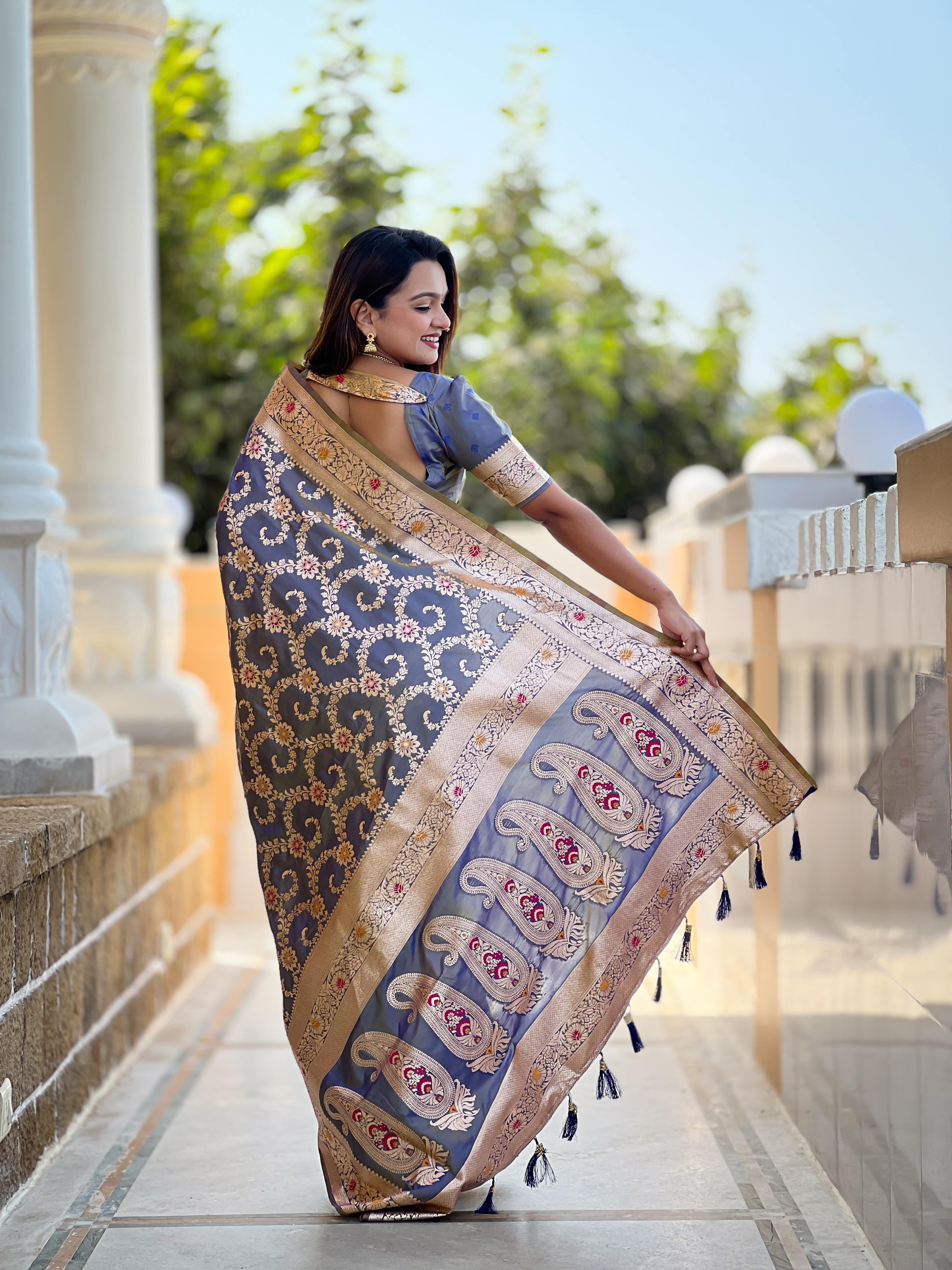 Grey Varni Fabrics Women Geometric Banarasi Silk Tassels and Latkans Saree comes With Matching Blouse
