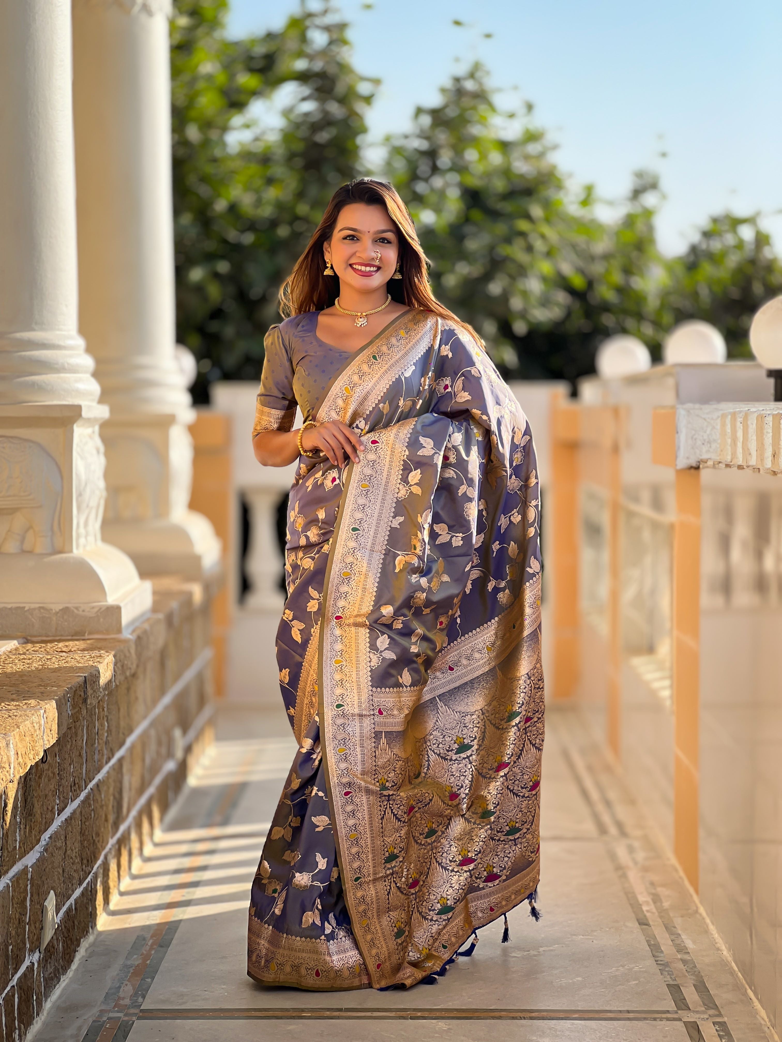 Grey Varni Fabrics Women's Traditional Banarasi Silk Saree with Woven Design & Blouse