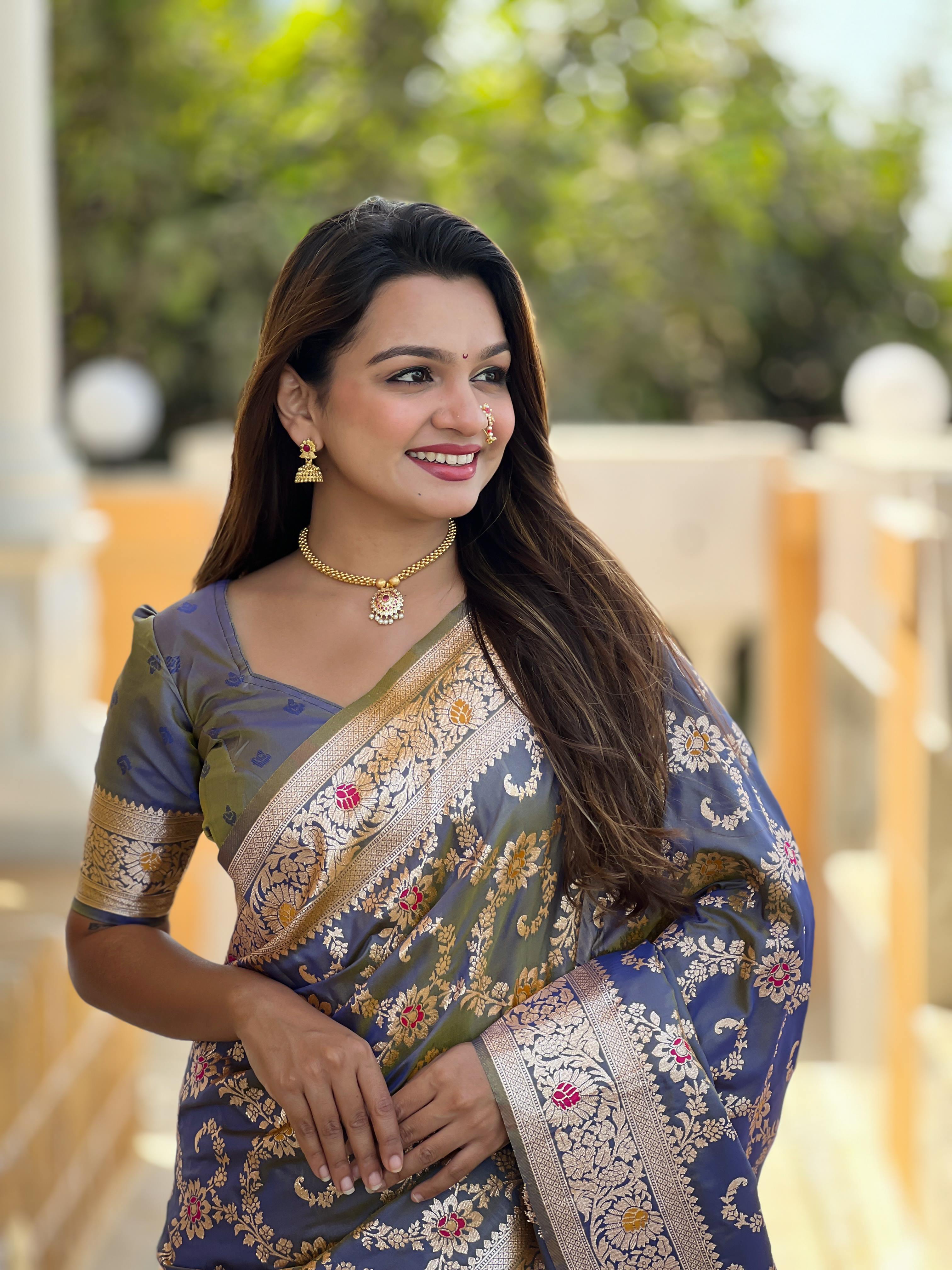 Grey Varni Fabrics Women Geometric Banarasi Silk Tassels and Latkans Saree comes With Matching Blouse
