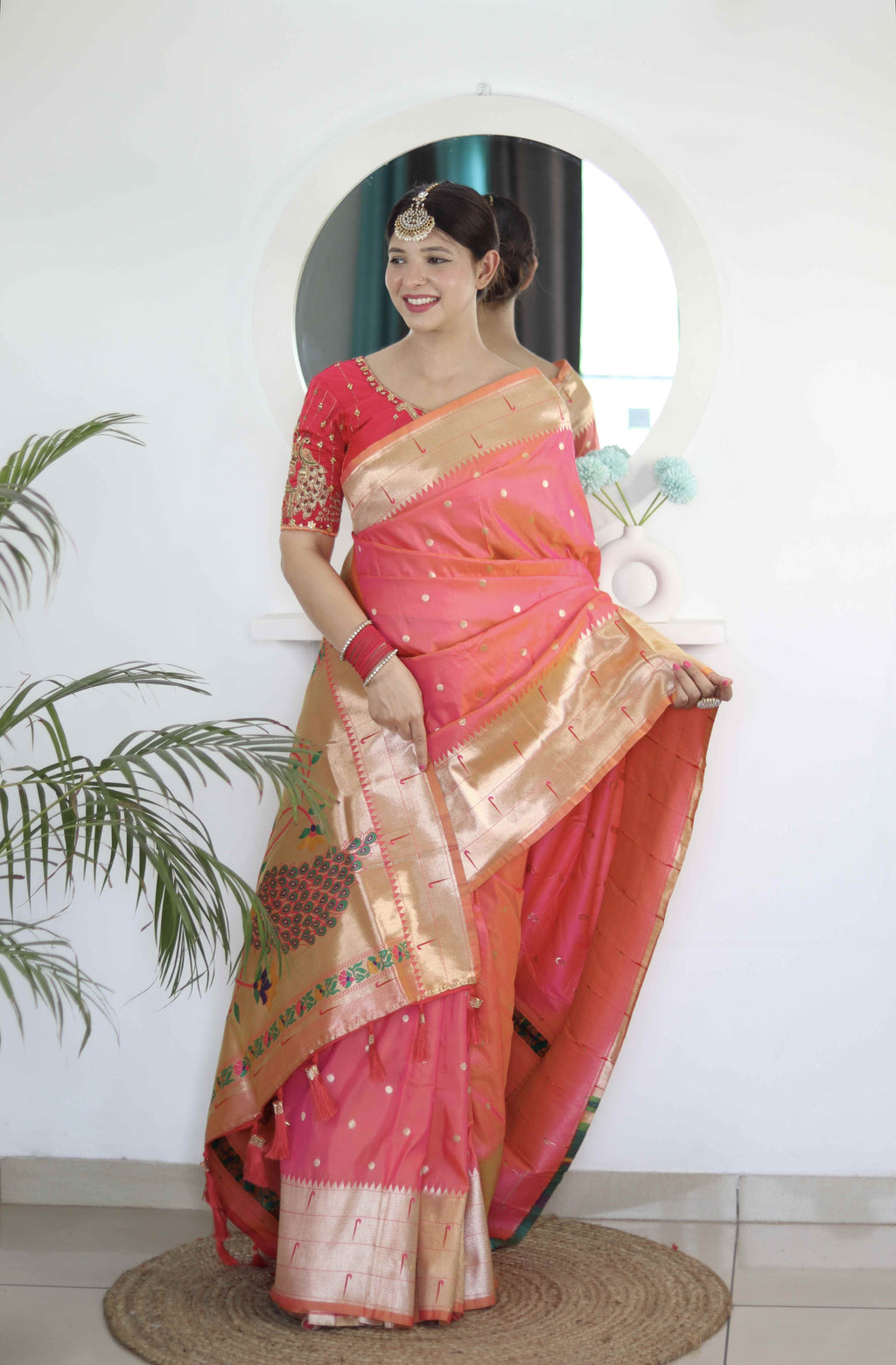 Gajri Soft Paithani Silk Saree with Zari Motifs, Meenakari Rich Pallu & Contrast Blouse