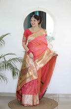 Gajri Soft Paithani Silk Saree with Zari Motifs, Meenakari Rich Pallu & Contrast Blouse