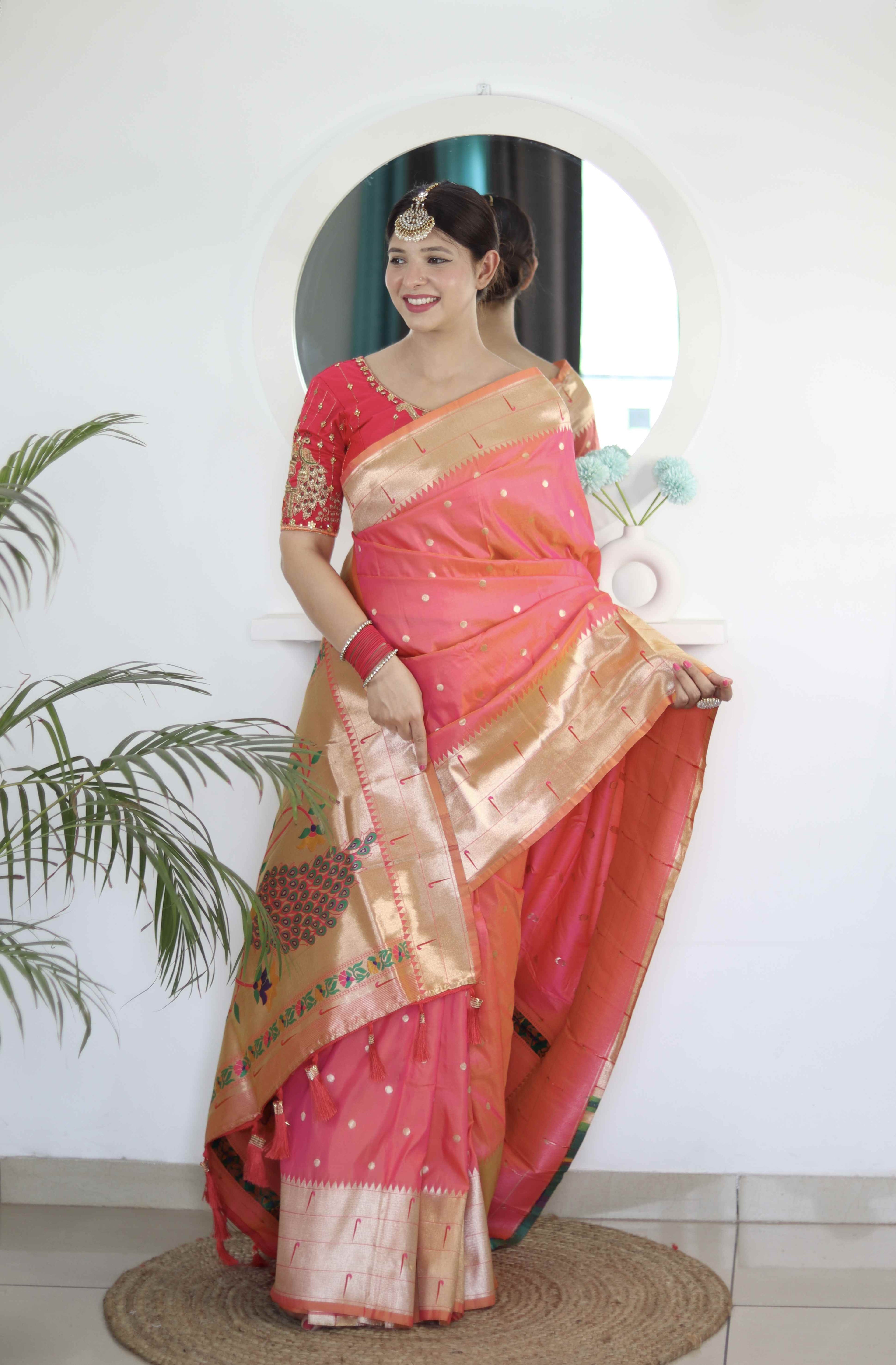 Gajri Soft Paithani Silk Saree with Zari Motifs, Meenakari Rich Pallu & Contrast Blouse