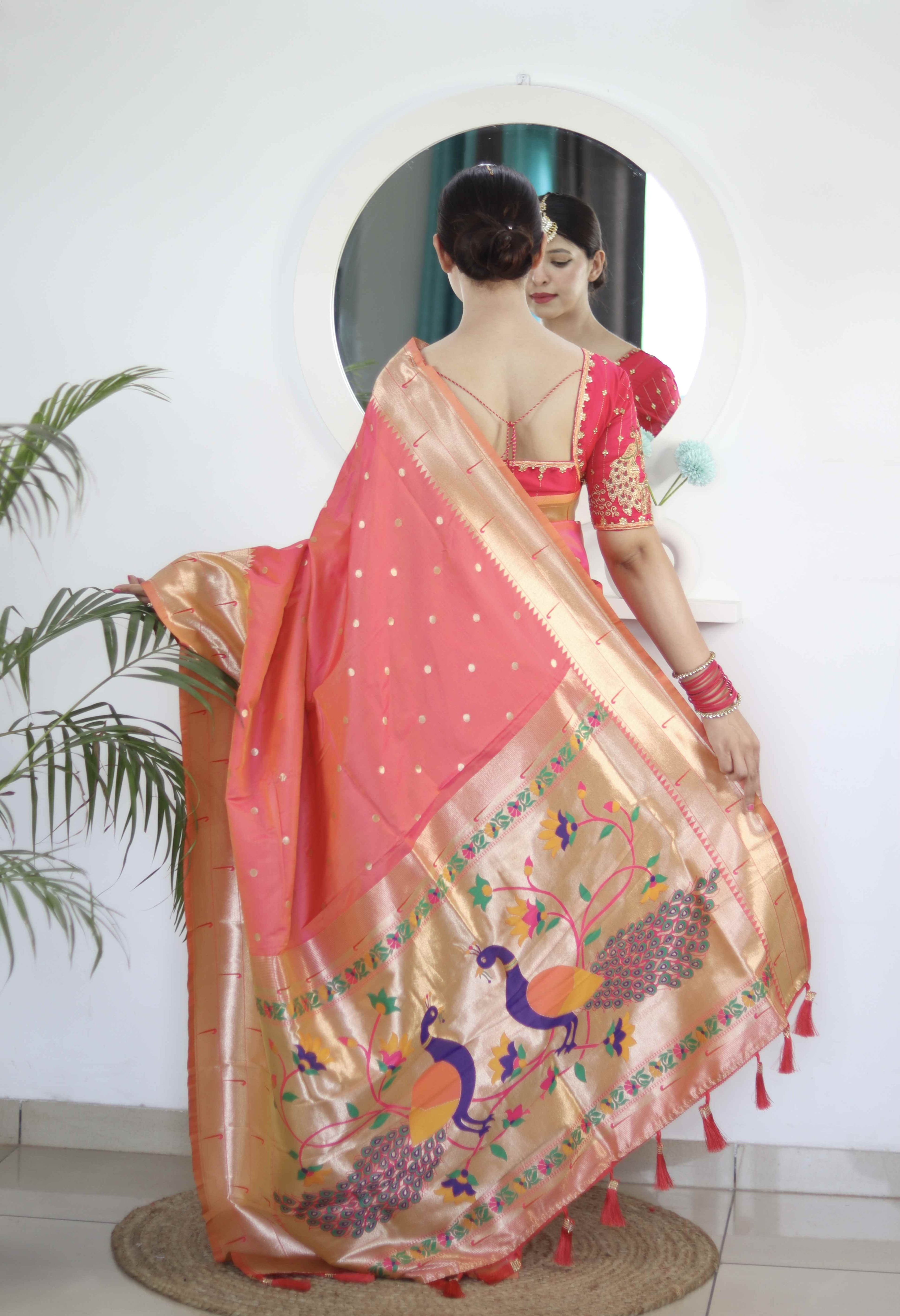Gajri Soft Paithani Silk Saree with Zari Motifs, Meenakari Rich Pallu & Contrast Blouse