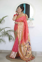 Gajri Soft Paithani Silk Saree with Zari Motifs, Meenakari Rich Pallu & Contrast Blouse