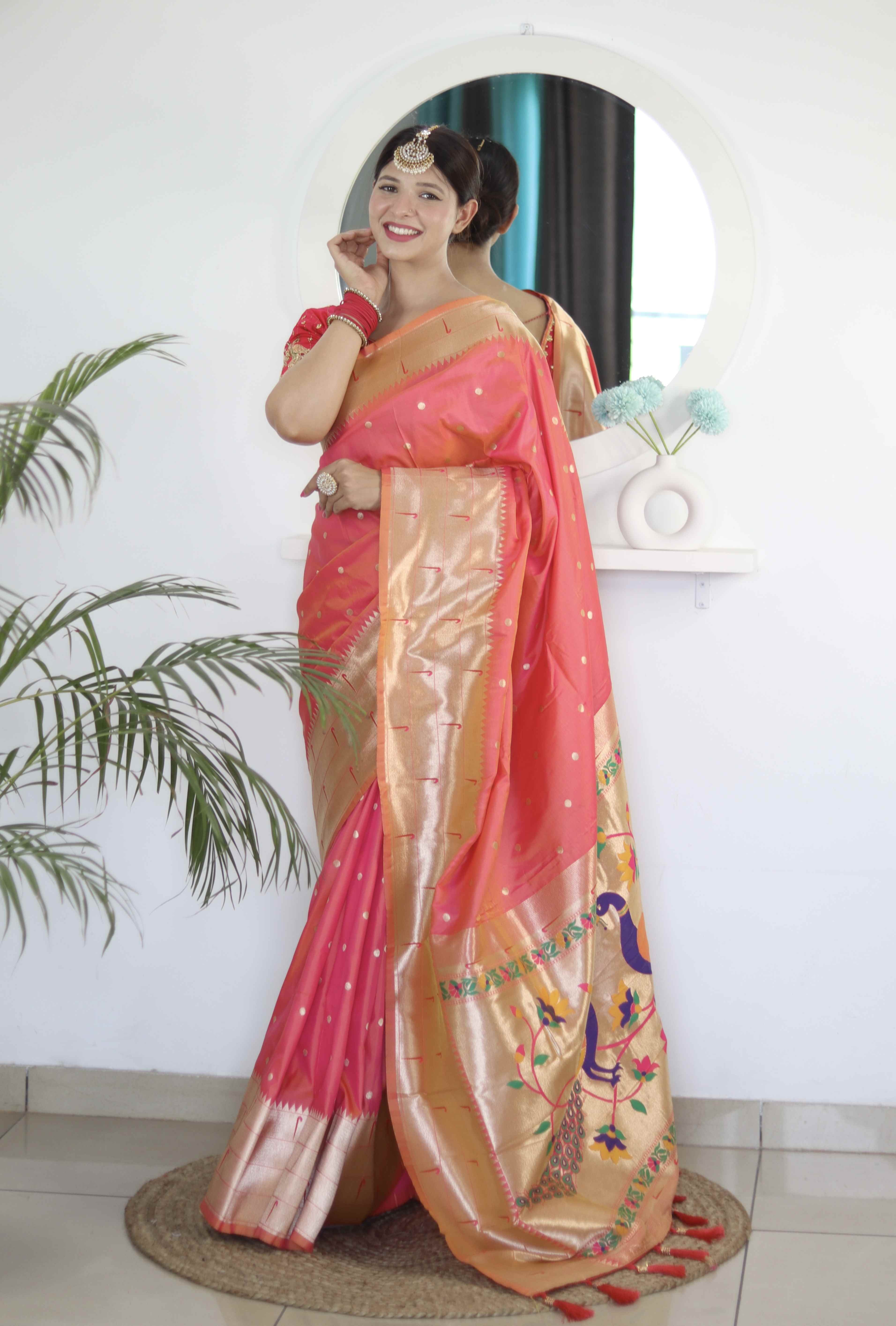 Gajri Soft Paithani Silk Saree with Zari Motifs, Meenakari Rich Pallu & Contrast Blouse