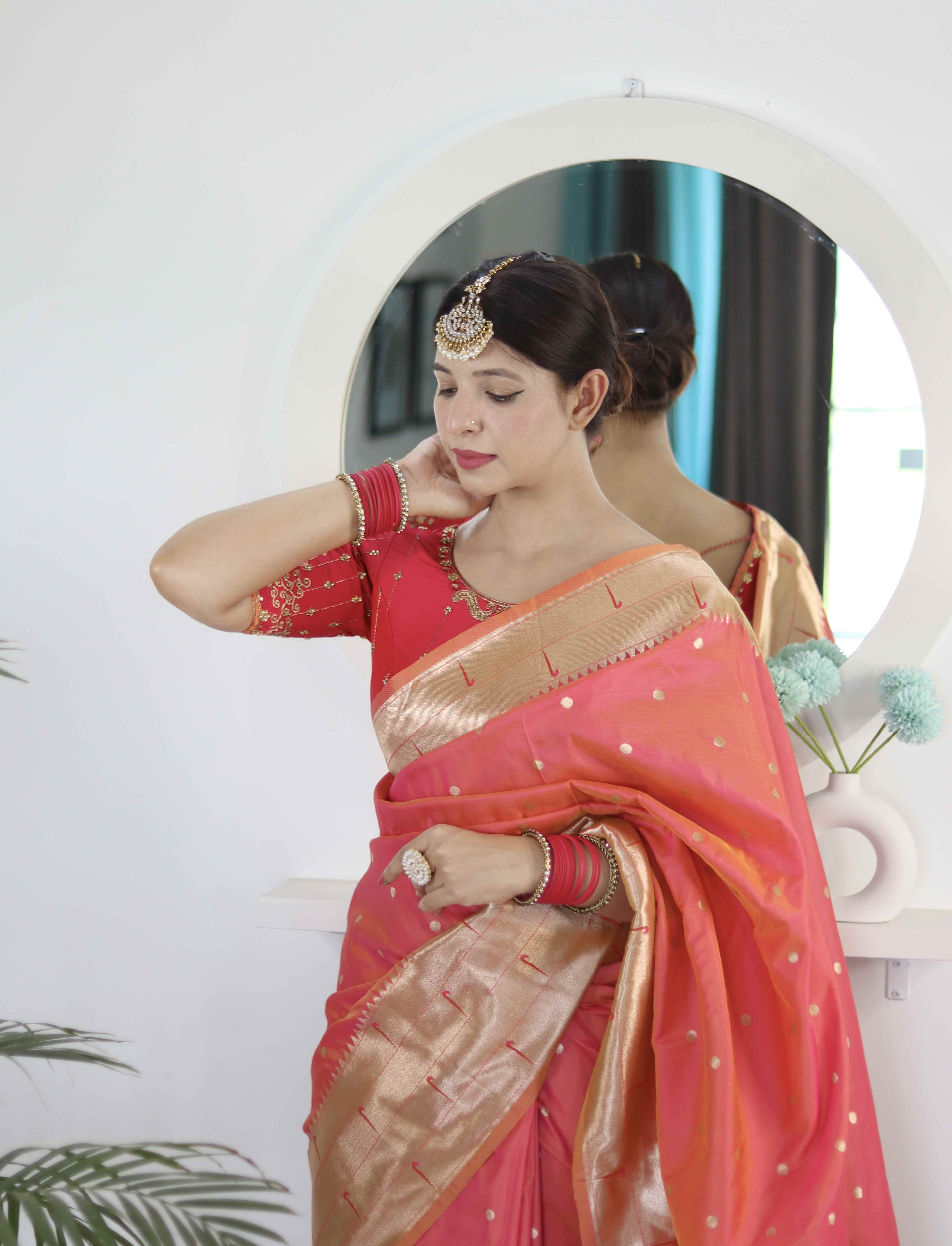 Gajri Soft Paithani Silk Saree with Zari Motifs, Meenakari Rich Pallu & Contrast Blouse