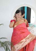 Gajri Soft Paithani Silk Saree with Zari Motifs, Meenakari Rich Pallu & Contrast Blouse