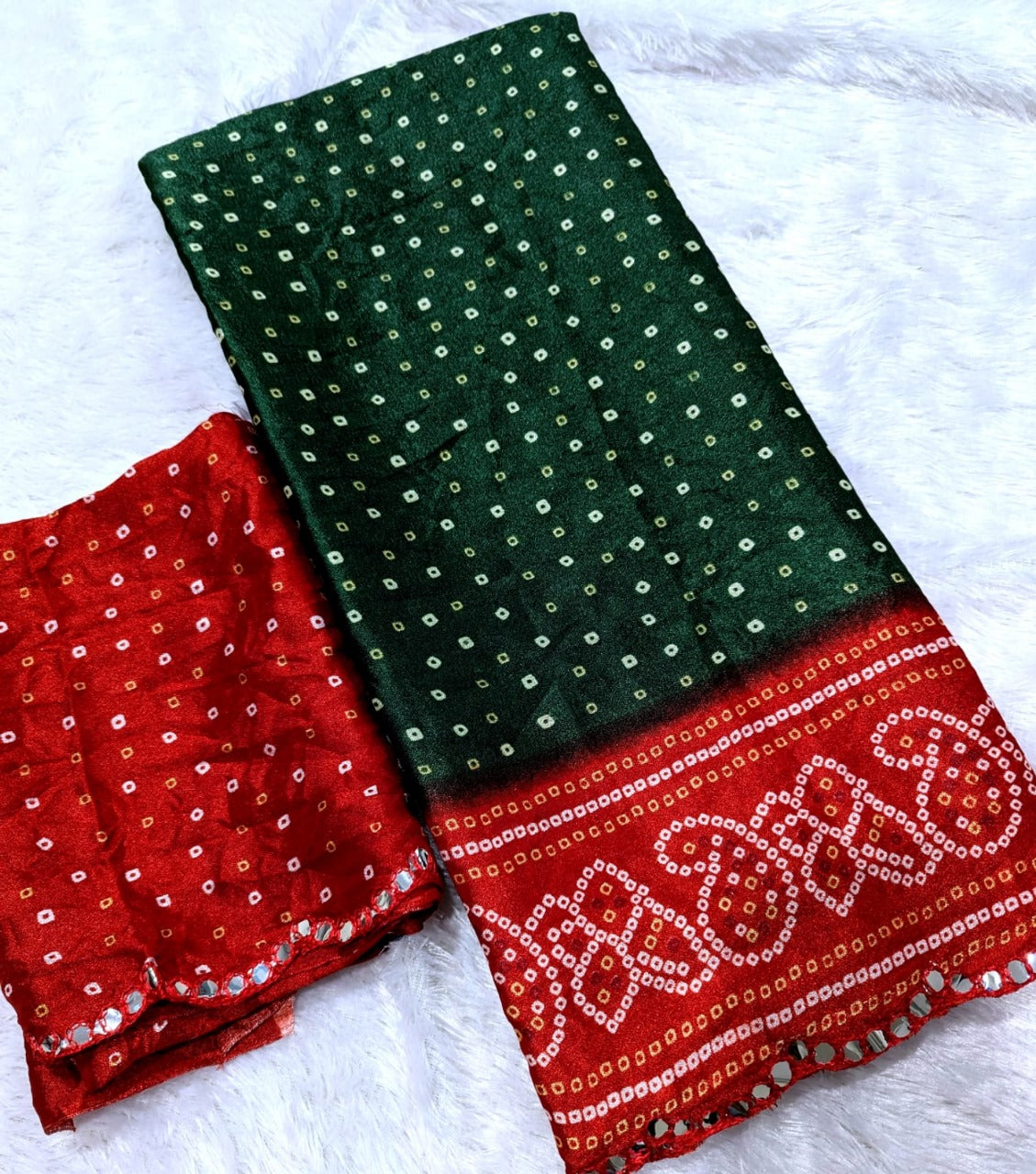 Designer Bandhani Dark Green Saree with Mirror Work Border & Running Blouse in Moss Silk