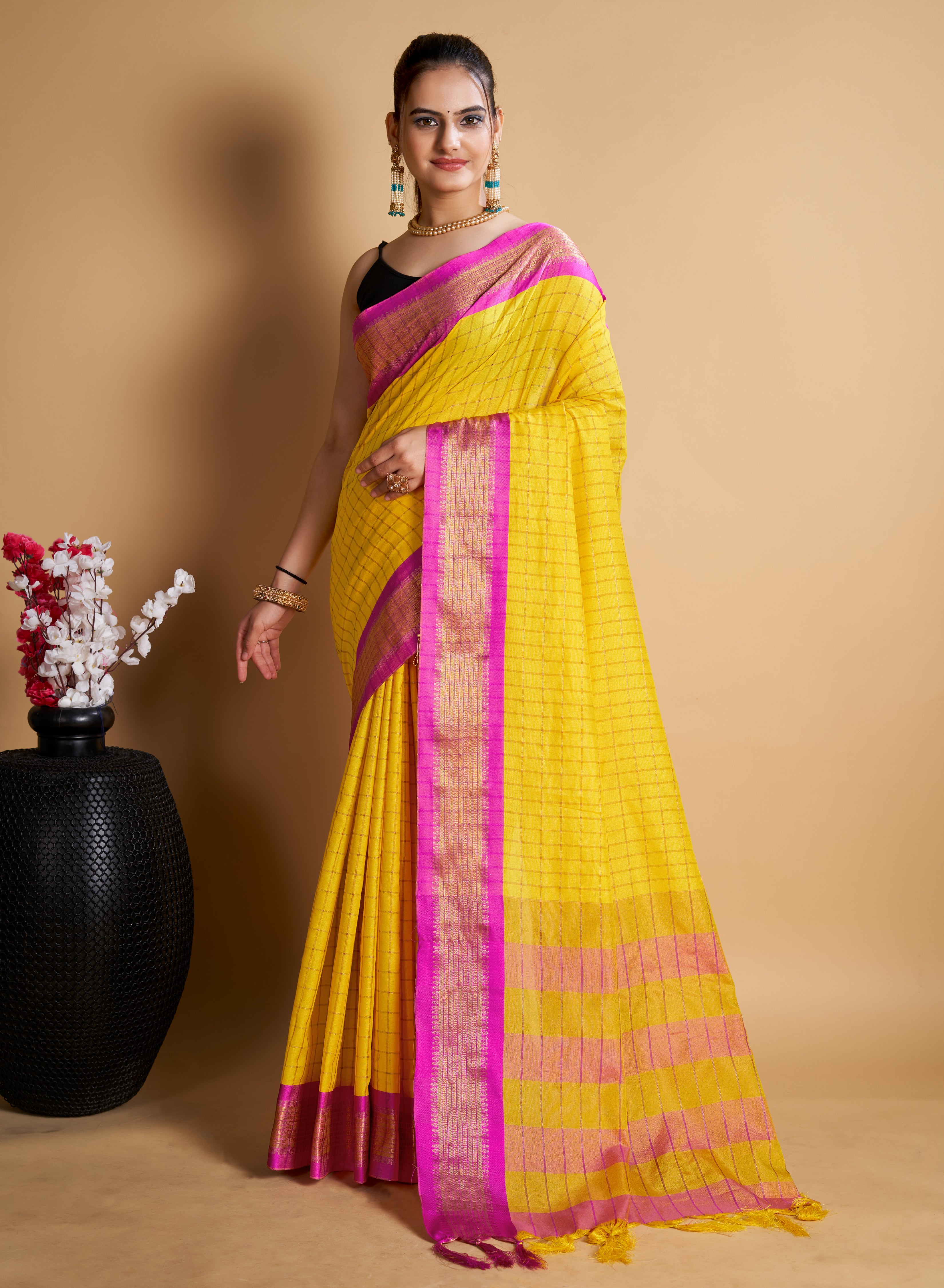 Designer-Inspired Soft Silk Yellow Saree with Striking Pallu & Blouse – Perfect for Weddings&Festive