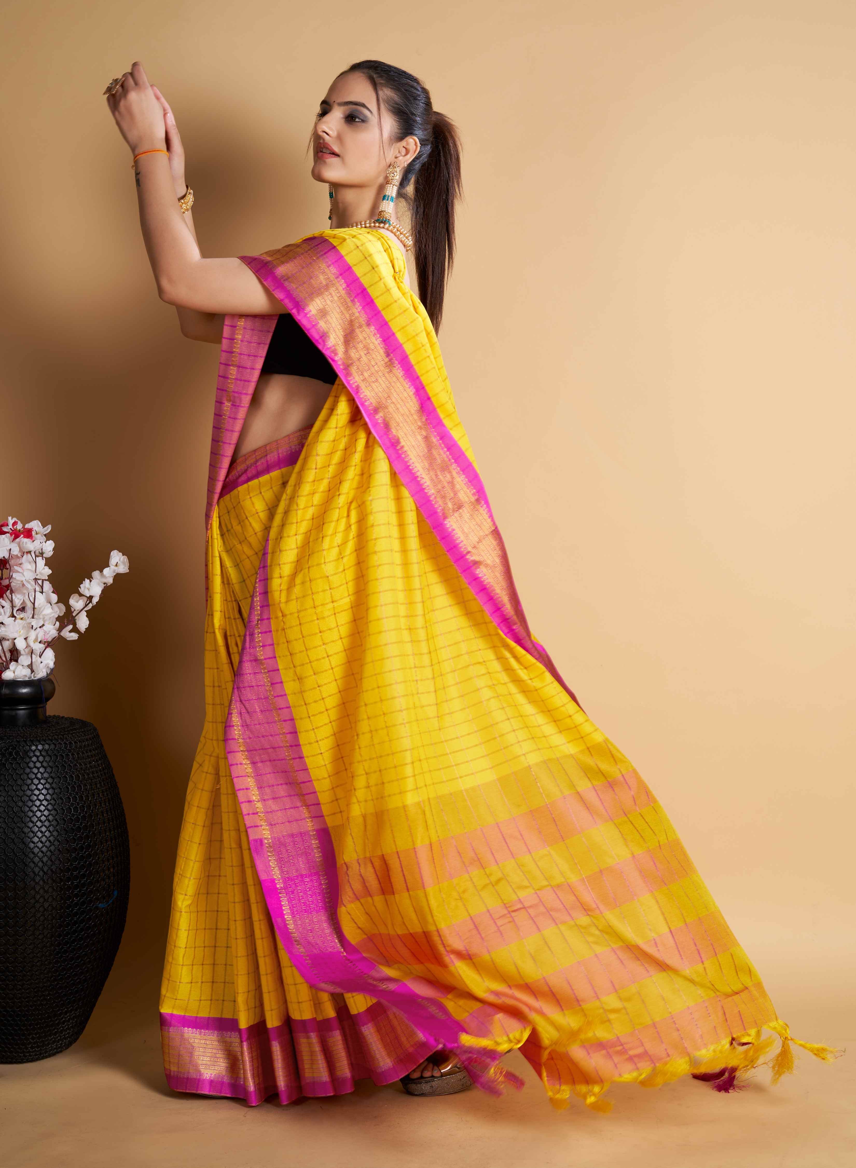 Designer-Inspired Soft Silk Yellow Saree with Striking Pallu & Blouse – Perfect for Weddings&Festive