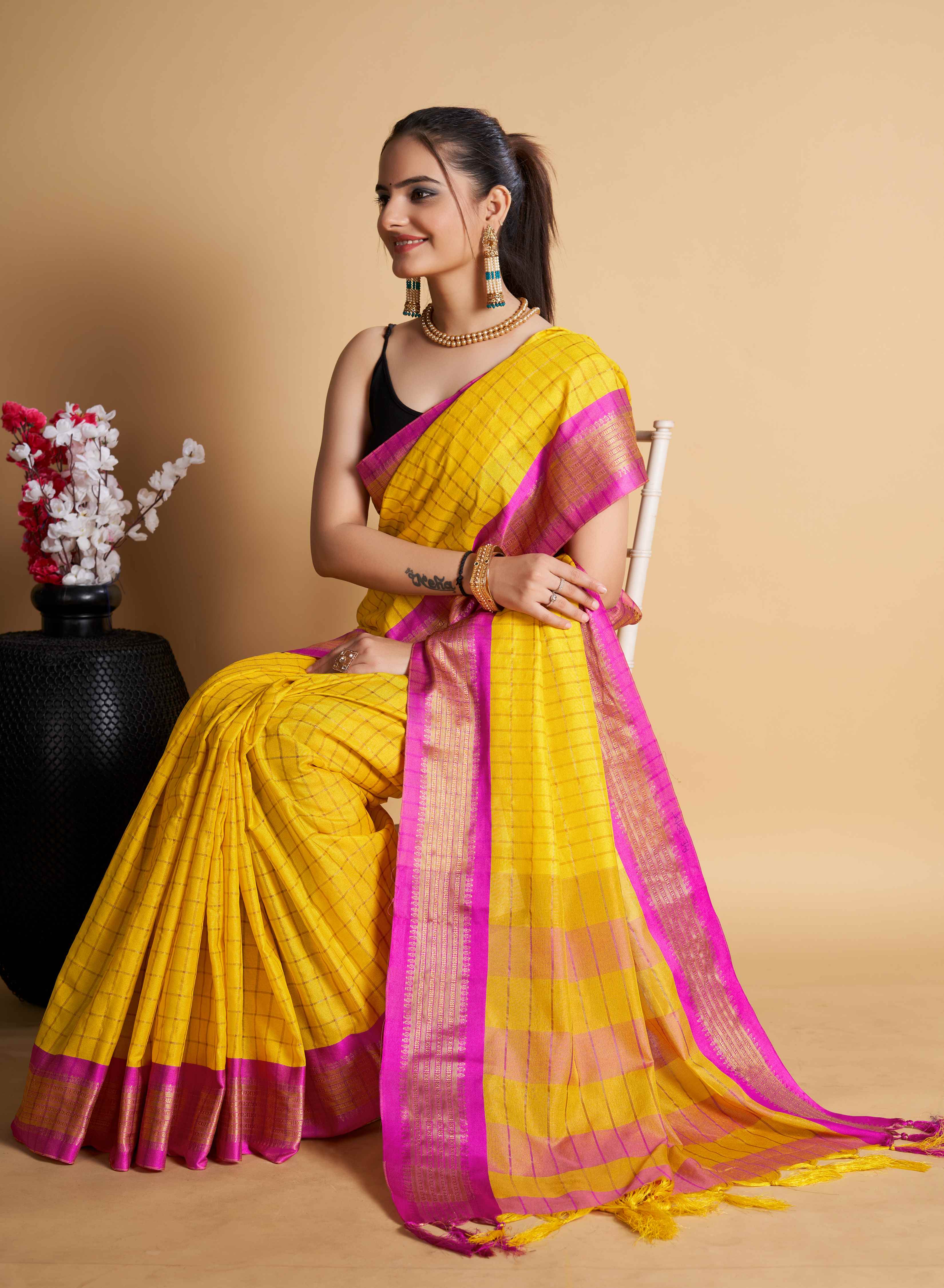 Designer-Inspired Soft Silk Yellow Saree with Striking Pallu & Blouse – Perfect for Weddings&Festive