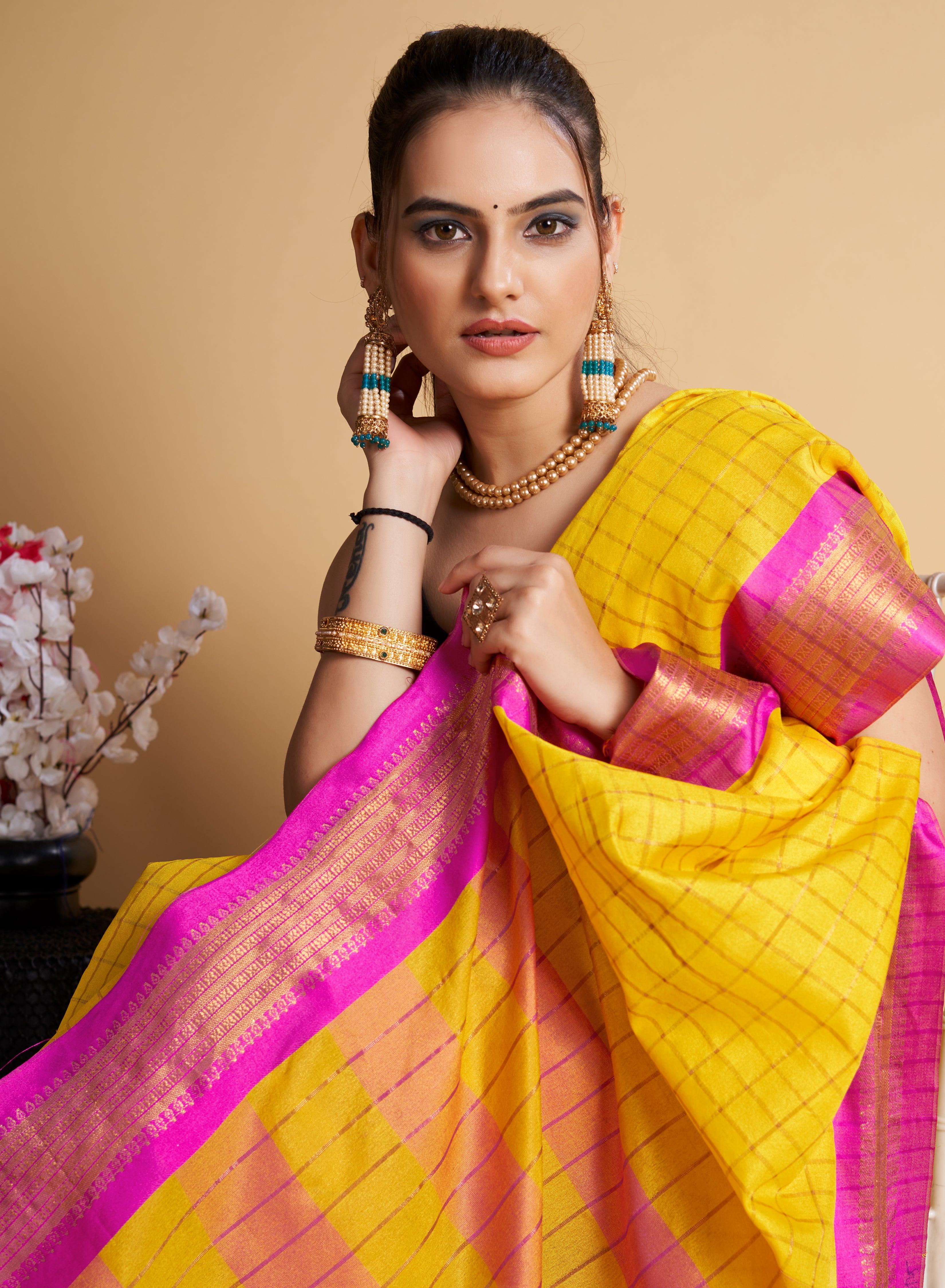 Designer-Inspired Soft Silk Yellow Saree with Striking Pallu & Blouse – Perfect for Weddings&Festive