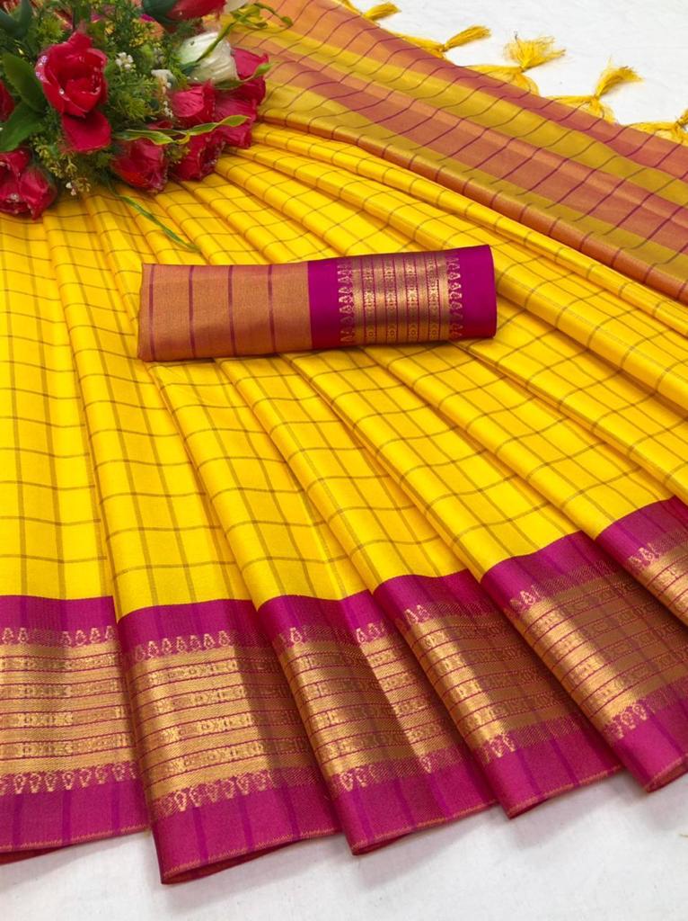 Designer-Inspired Soft Silk Yellow Saree with Striking Pallu & Blouse – Perfect for Weddings&Festive