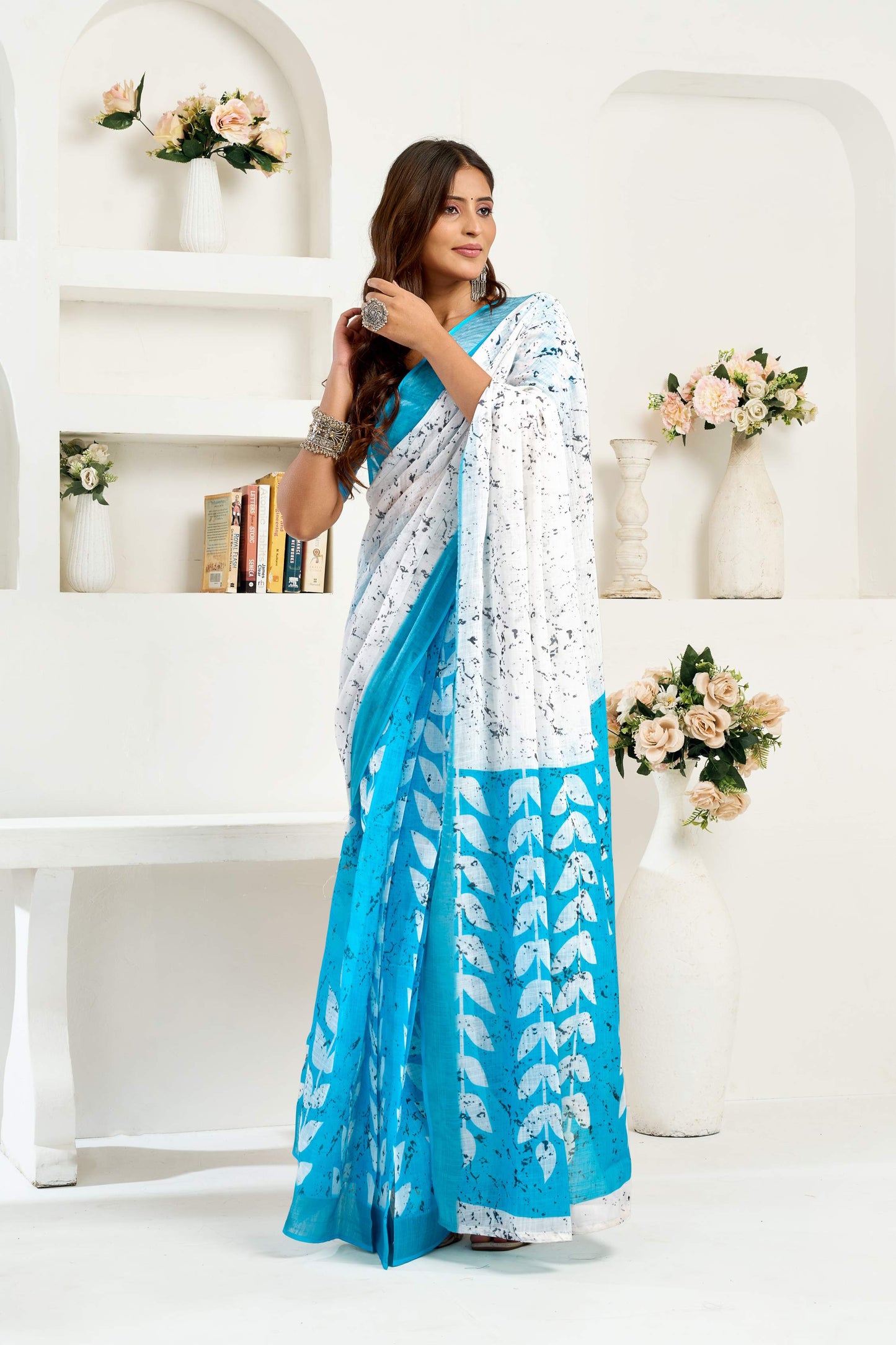Ready-to-Wear Linen Saree with Zari Border & Printed Design | 1 Minute Saree(HRTW58)