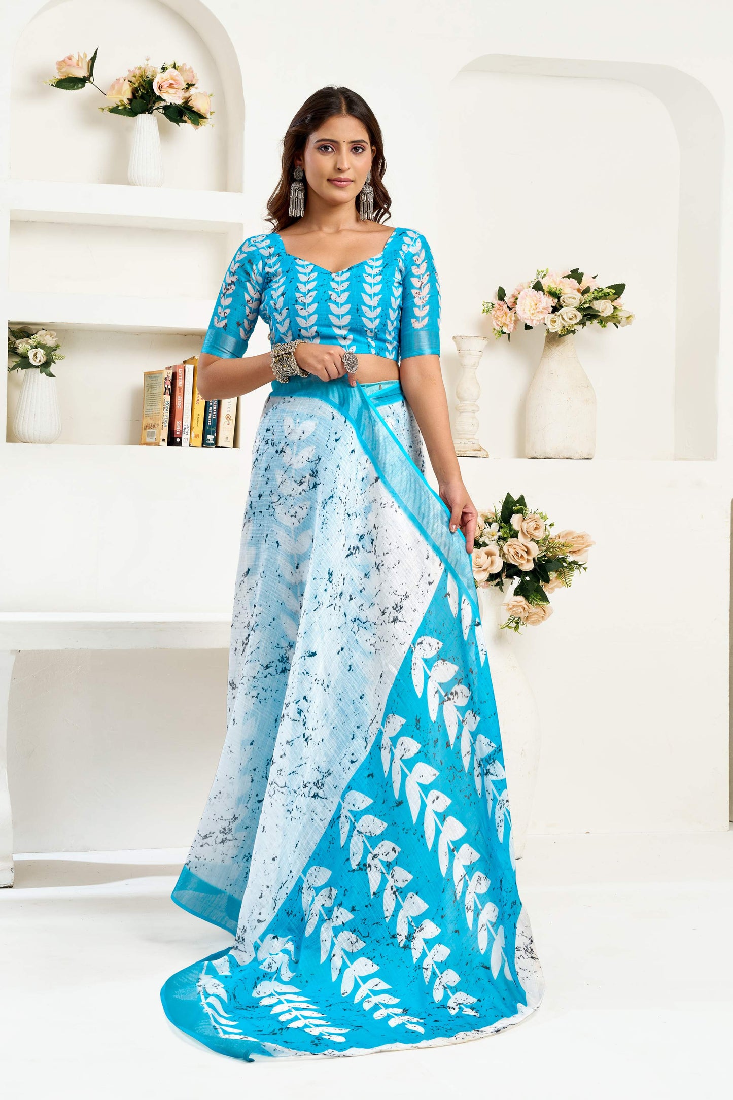 Ready-to-Wear Linen Saree with Zari Border & Printed Design | 1 Minute Saree(HRTW58)