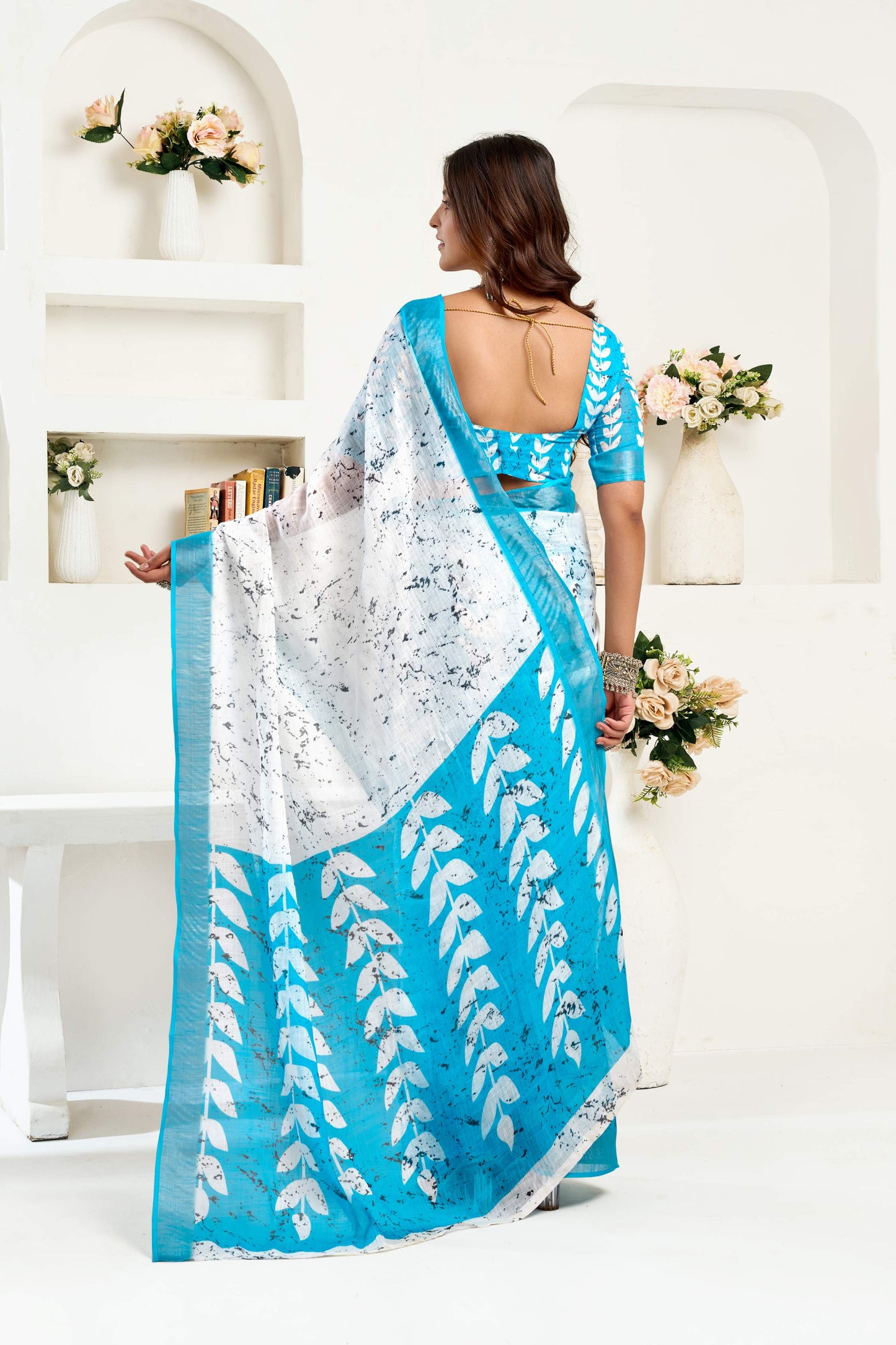 Ready-to-Wear Linen Saree with Zari Border & Printed Design | 1 Minute Saree(HRTW58)