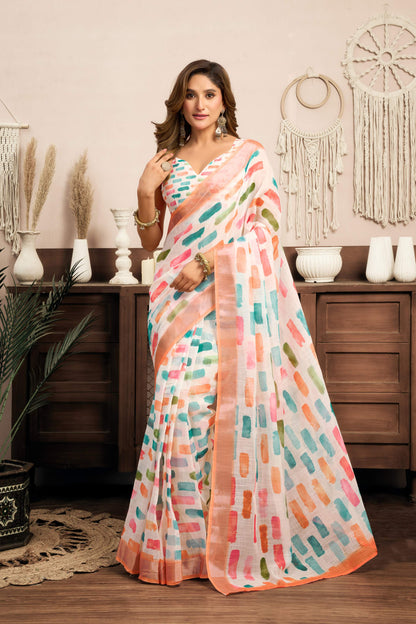 Ready-to-Wear 1-Minute Pocket Linen Saree with Printed Zari Stripe Border