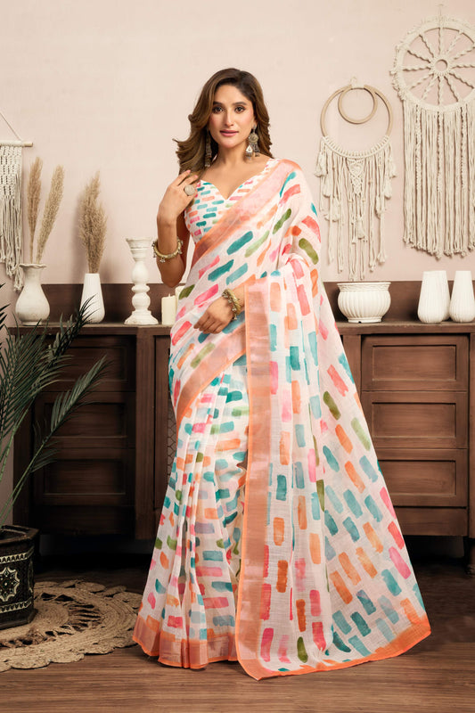 Ready-to-Wear 1-Minute Pocket Linen Saree with Printed Zari Stripe Border