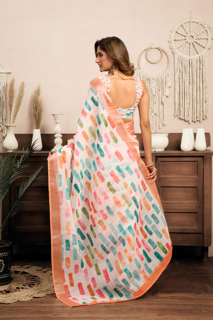 Ready-to-Wear 1-Minute Pocket Linen Saree with Printed Zari Stripe Border
