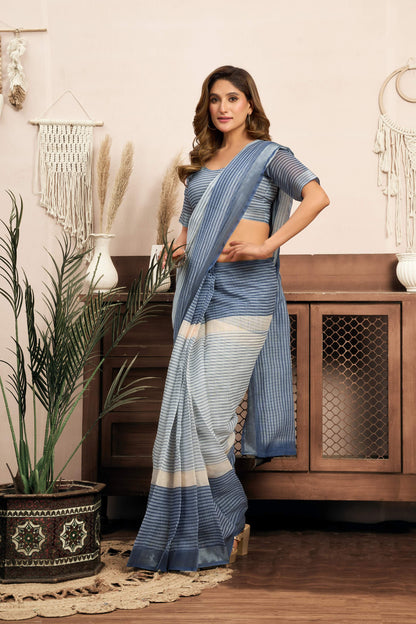 Ready-to-Wear 1-Minute Pocket Linen Saree with Printed Zari Stripe Border