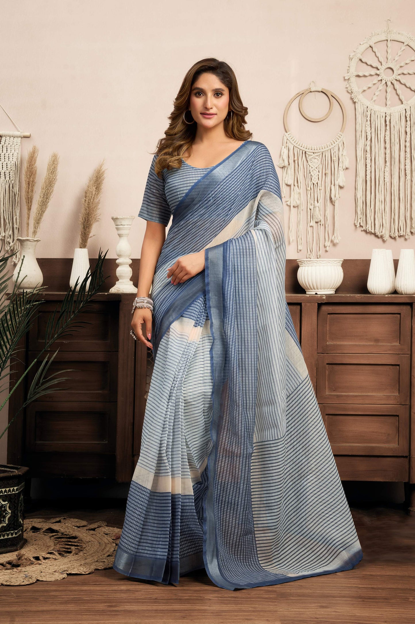 Ready-to-Wear 1-Minute Pocket Linen Saree with Printed Zari Stripe Border