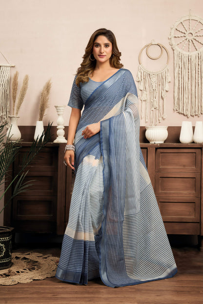 Ready-to-Wear 1-Minute Pocket Linen Saree with Printed Zari Stripe Border