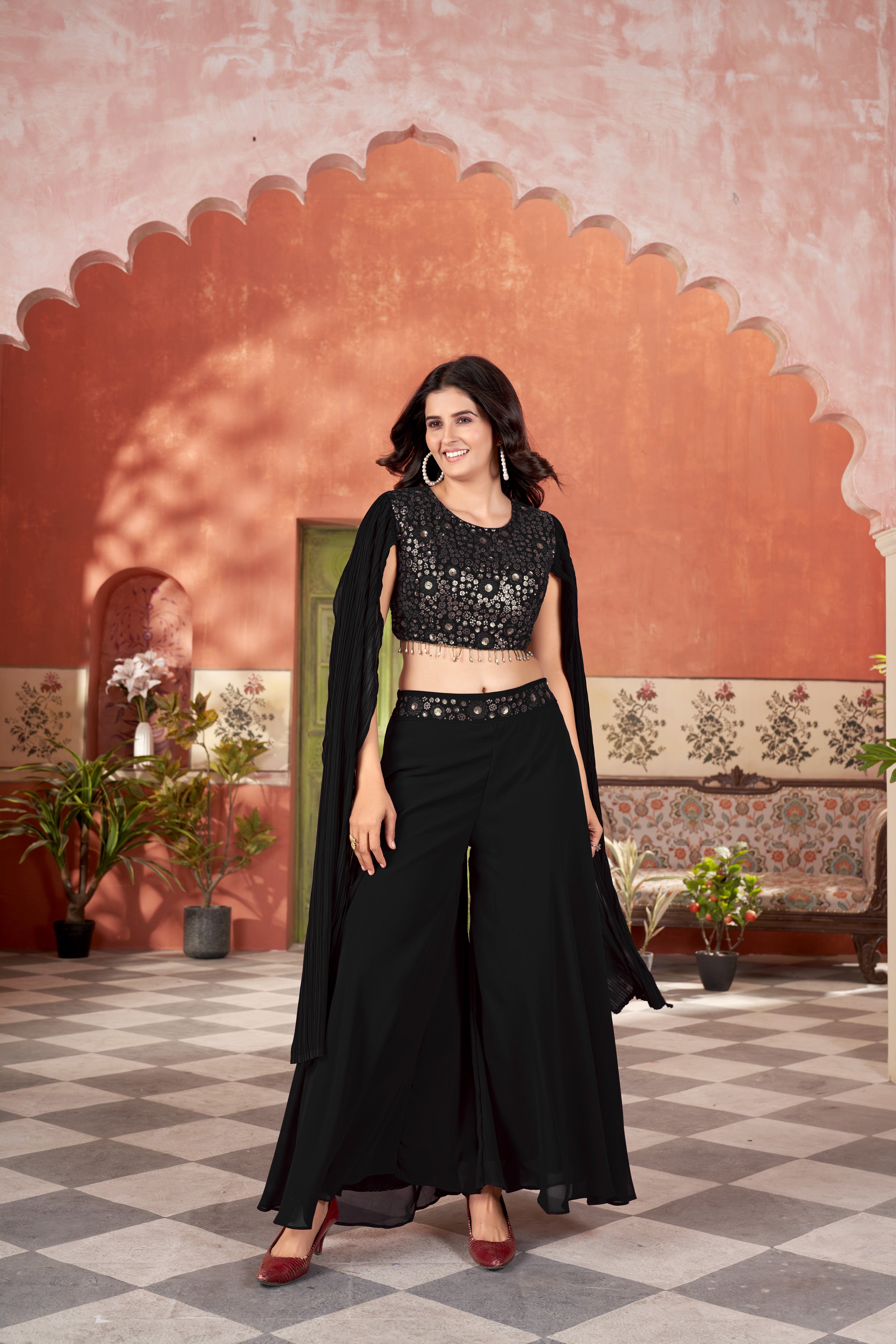 Black Women’s Crop Top & Palazzo Set – Stylish Ethnic & Festive Wear